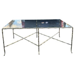 Modern X Base Brass Gilt Faux Bamboo Glass Coffee Table in Maison Bagues Style