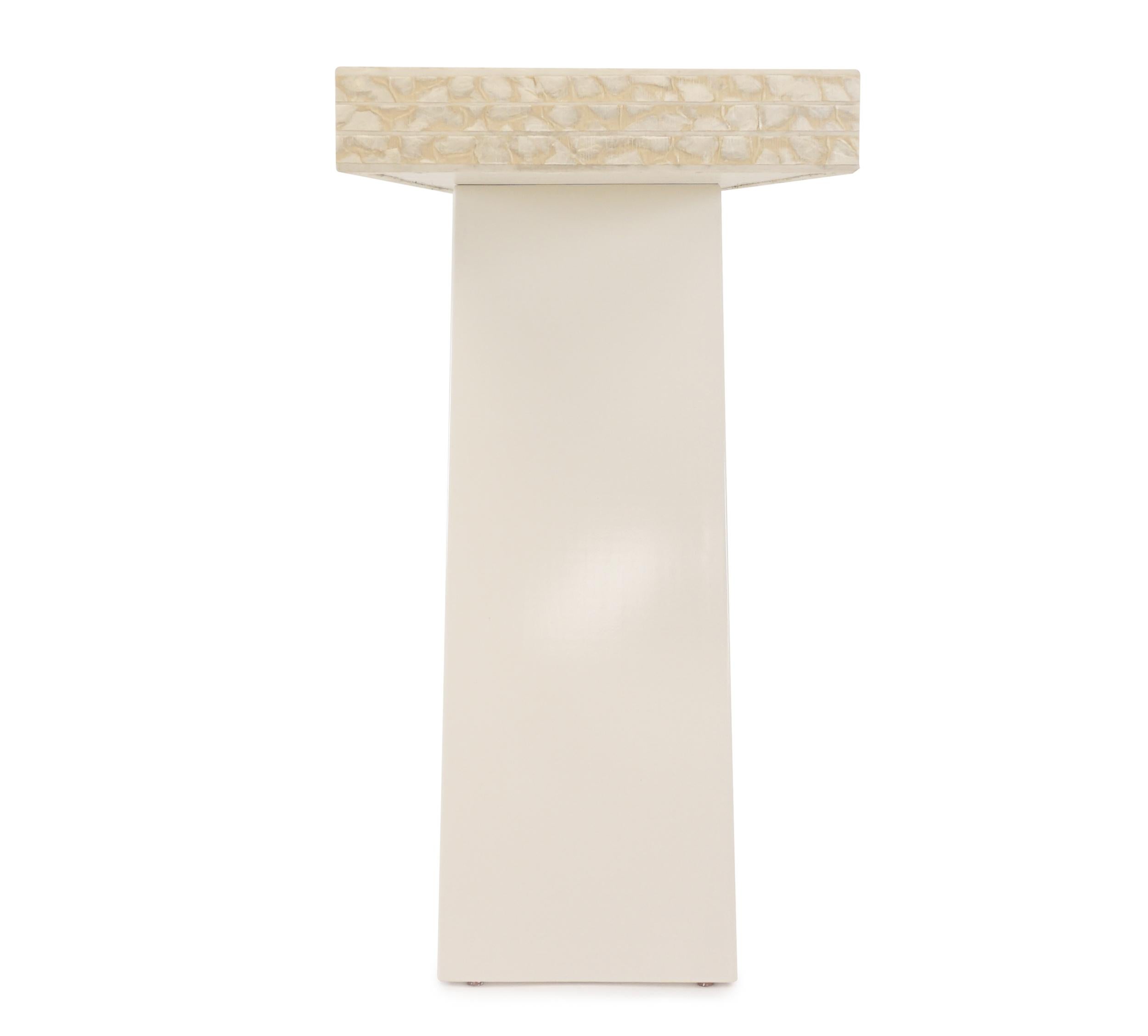 Modern console table. Elegant sea shell top with white lacquer x-style base. Can be customized with different coverings, woods, and stain & paint finishes. The shell pieces are set in epoxy on a paper with grass stripes running through, grainy to