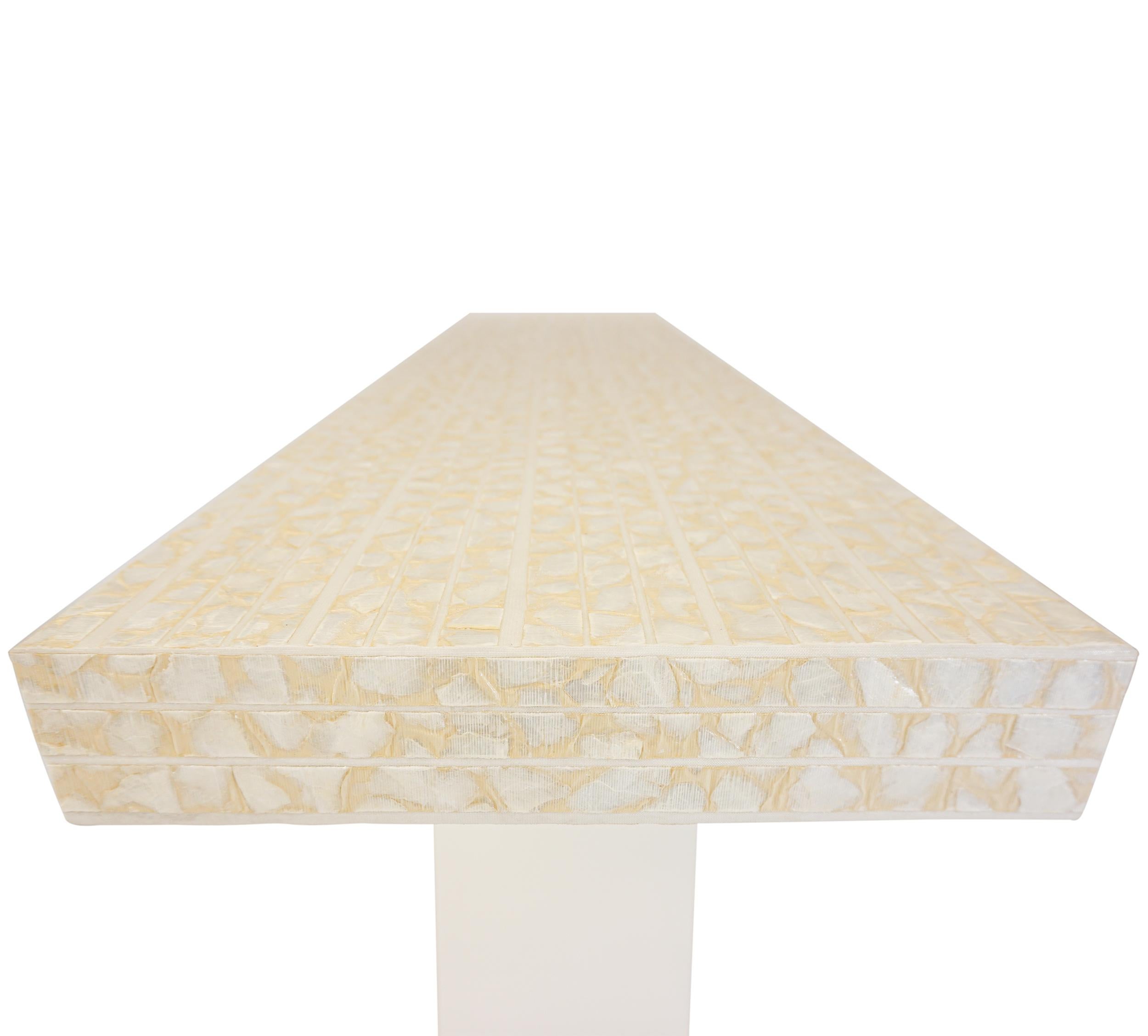 American Modern X-Style Console Table with Sea Shell Top & White Lacquer Base For Sale