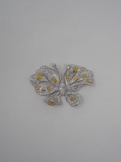 Modern Yellow and White Diamond Butterfly Brooch in 18k White Gold