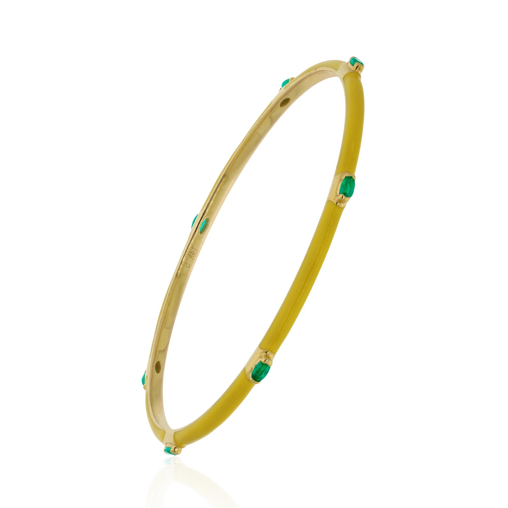 Art Deco Modern Yellow Enamel Bracelet 14 Karat Yellow Gold Emerald Studded Gold Bangle For Sale