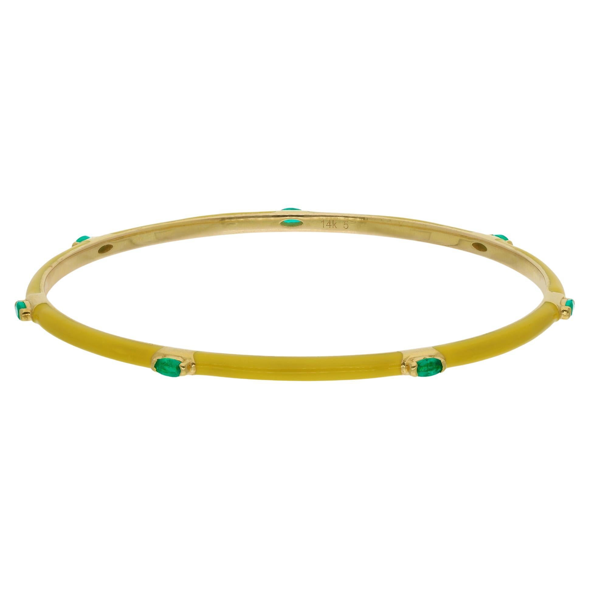 Women's Modern Yellow Enamel Bracelet 14 Karat Yellow Gold Emerald Studded Gold Bangle For Sale