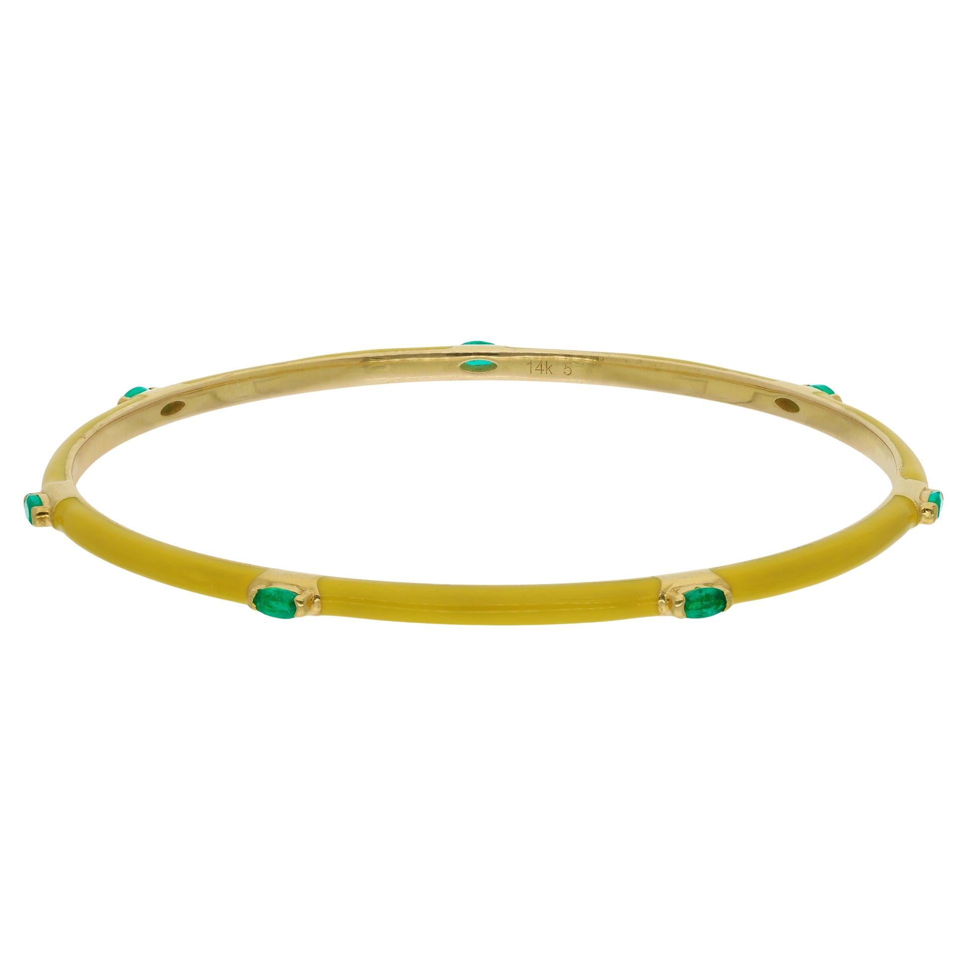 Modern Yellow Enamel Bracelet 14 Karat Yellow Gold Emerald Studded Gold Bangle