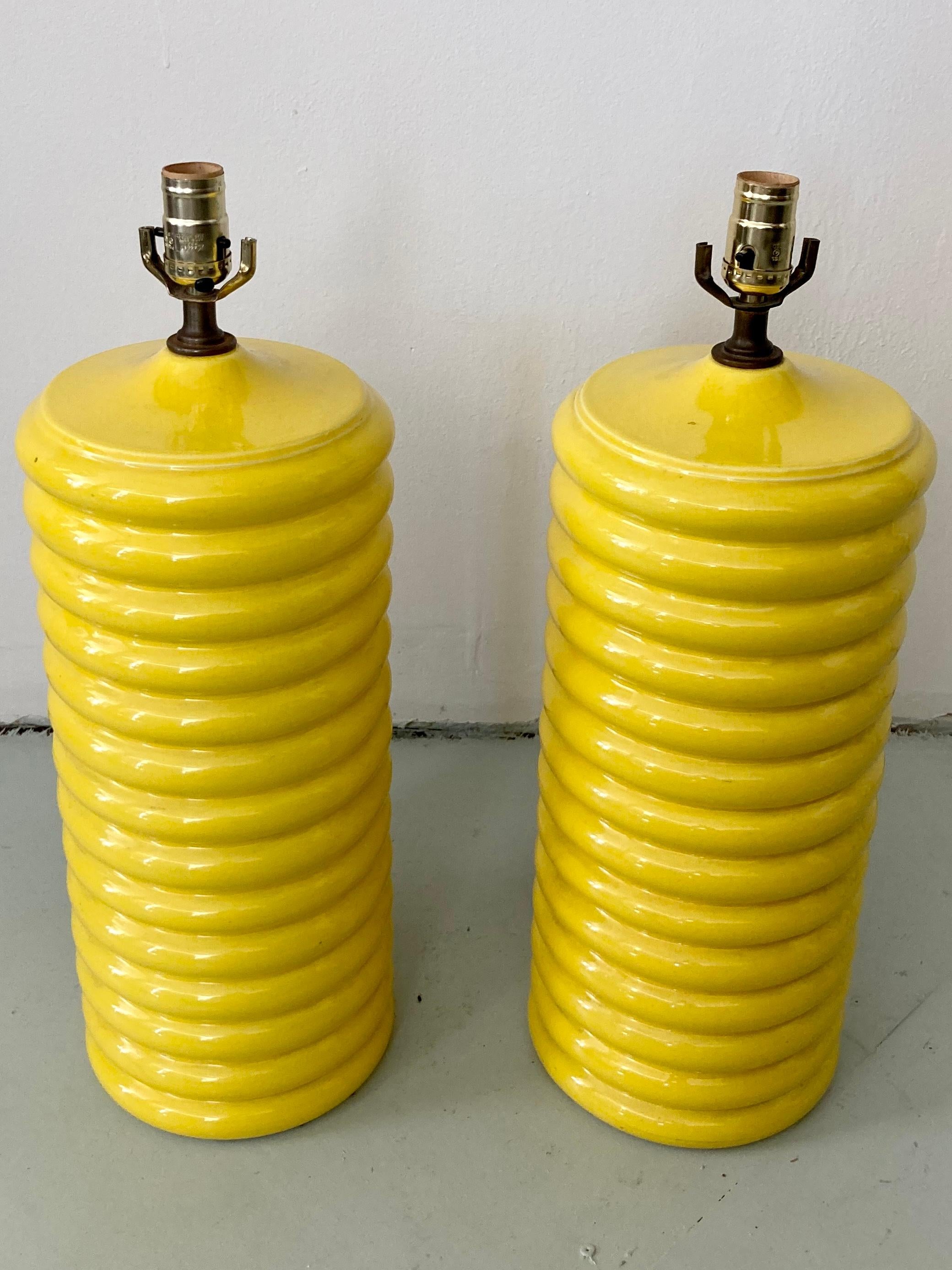 American Modern Yellow Glazed Ceramic Table Lamps, a Pair