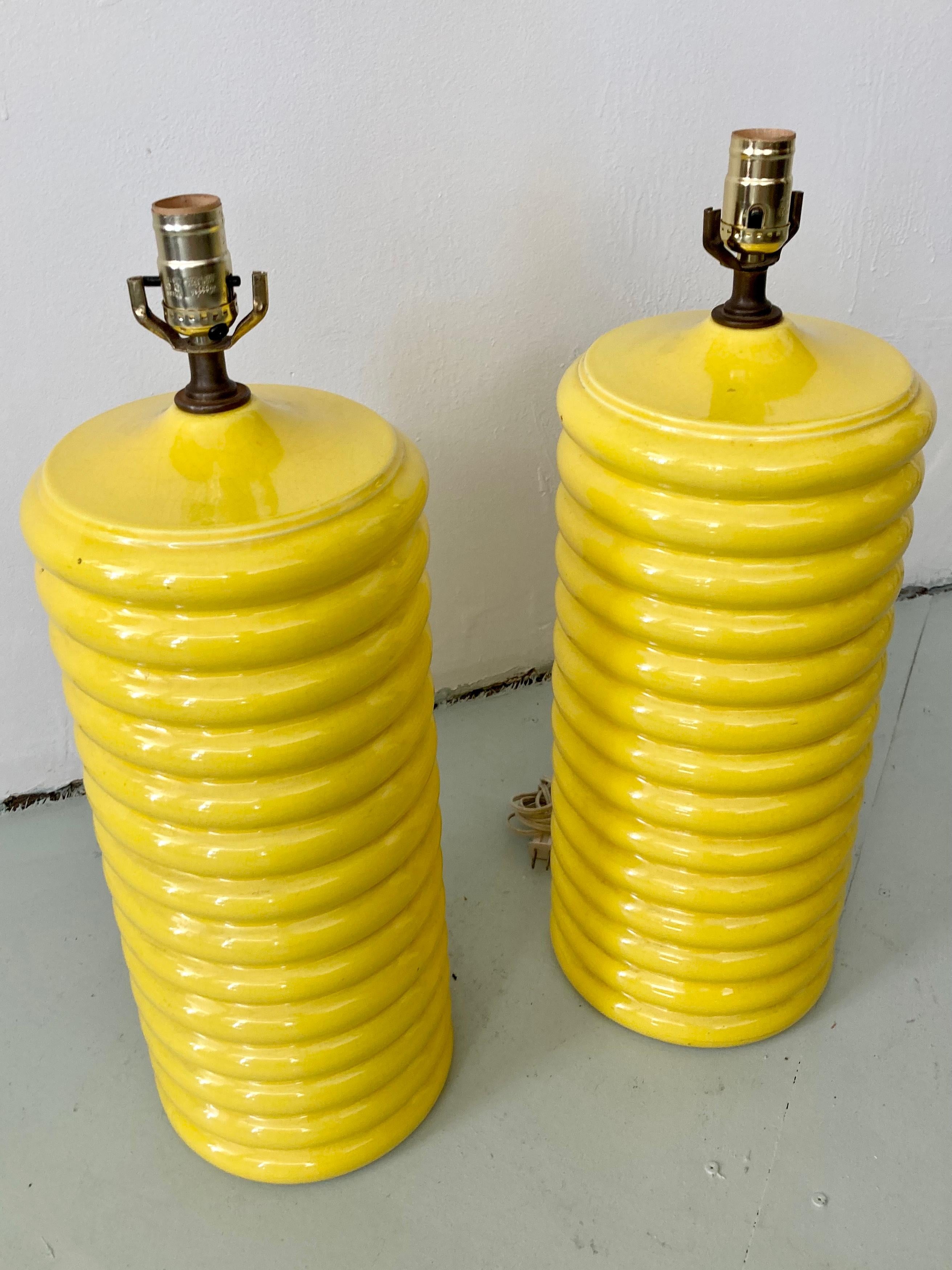 Modern Yellow Glazed Ceramic Table Lamps, a Pair In Good Condition In Los Angeles, CA