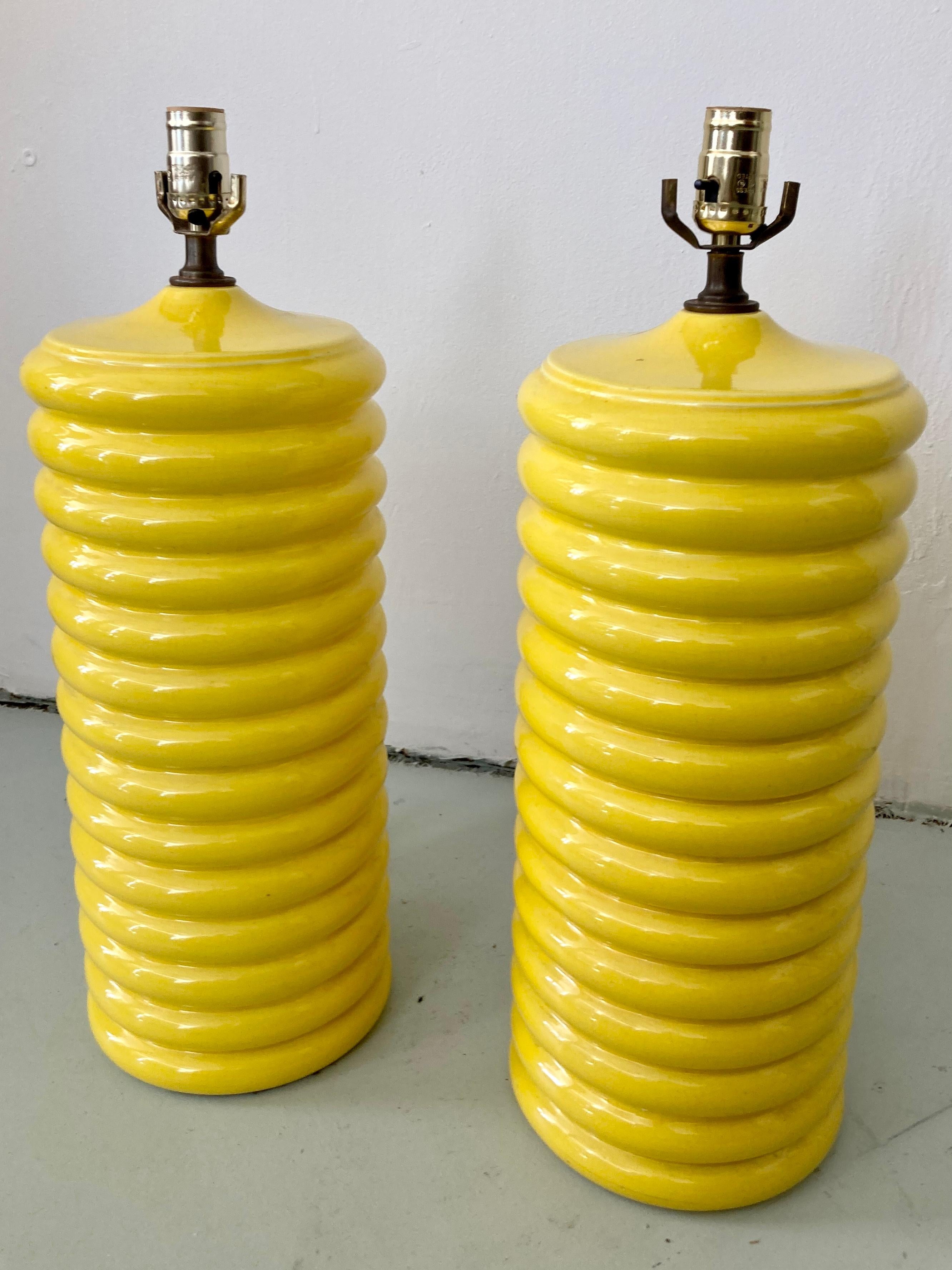 Late 20th Century Modern Yellow Glazed Ceramic Table Lamps, a Pair
