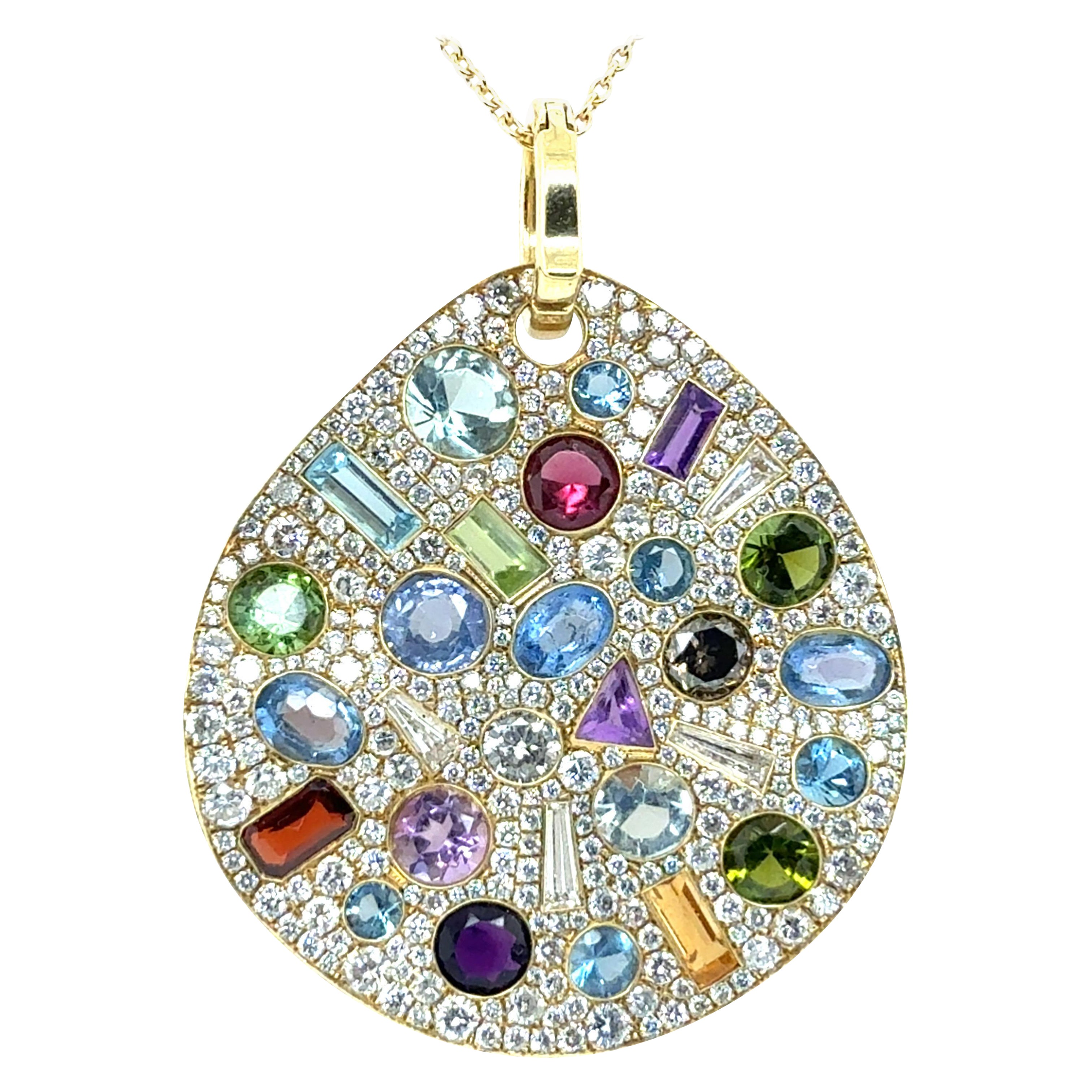 Colgante Moderno de Oro Amarillo con Diamante Natural de 4 Quilates y Declaración Multicolor