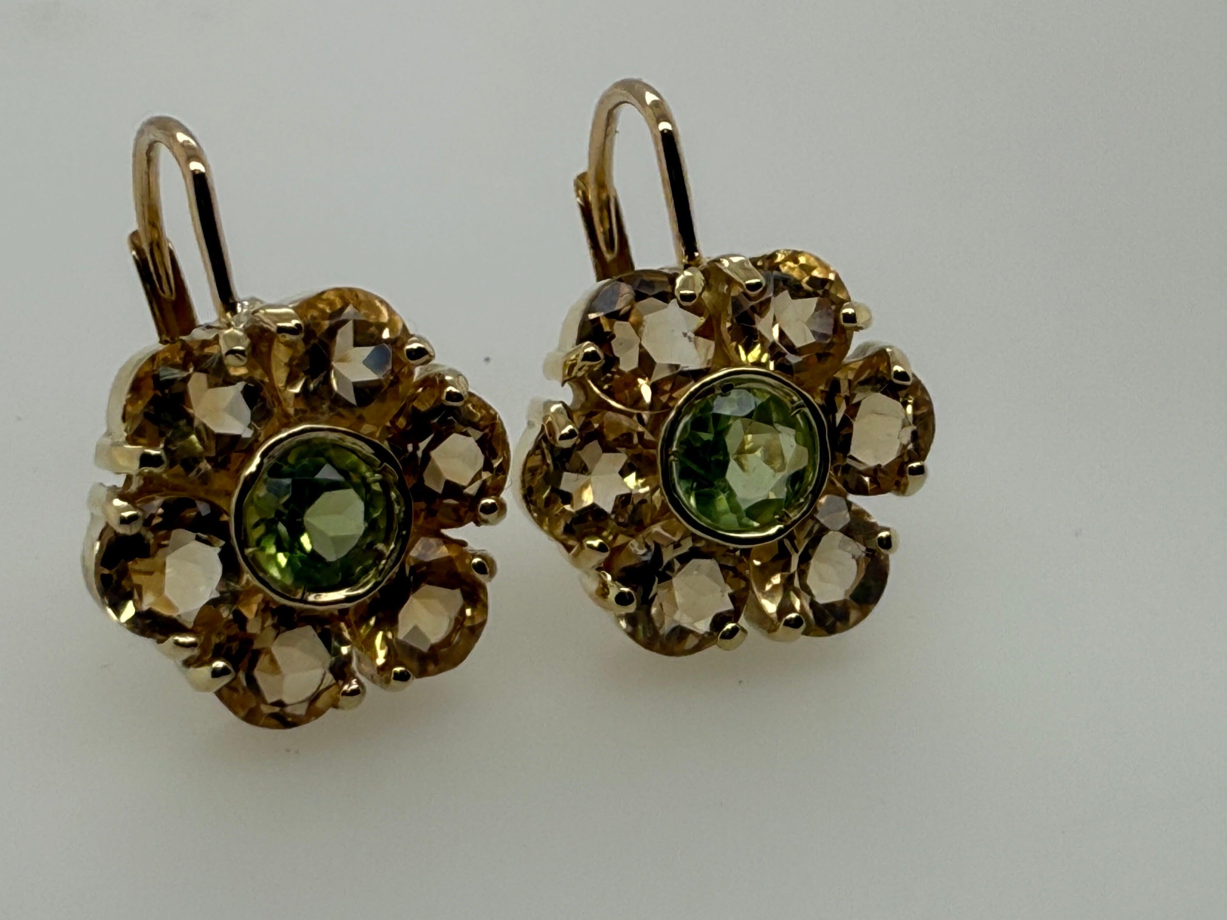 Modern Yellow Gold Green Peridot and Citrine Quartz Statement Earrings For Sale 1