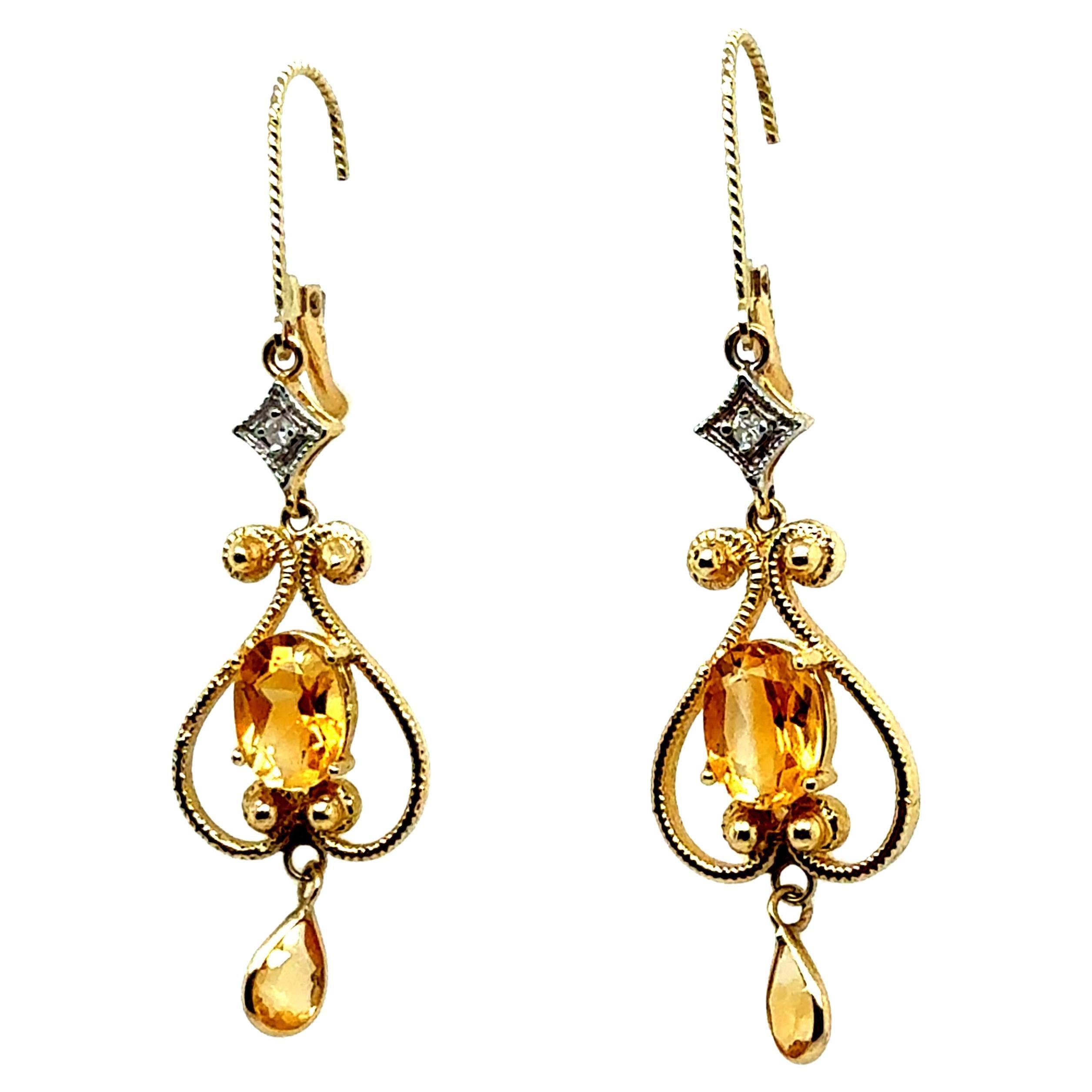 Moderne Gelbgold-Tropfenohrringe aus natürlichem Citrinquarz und Diamant
