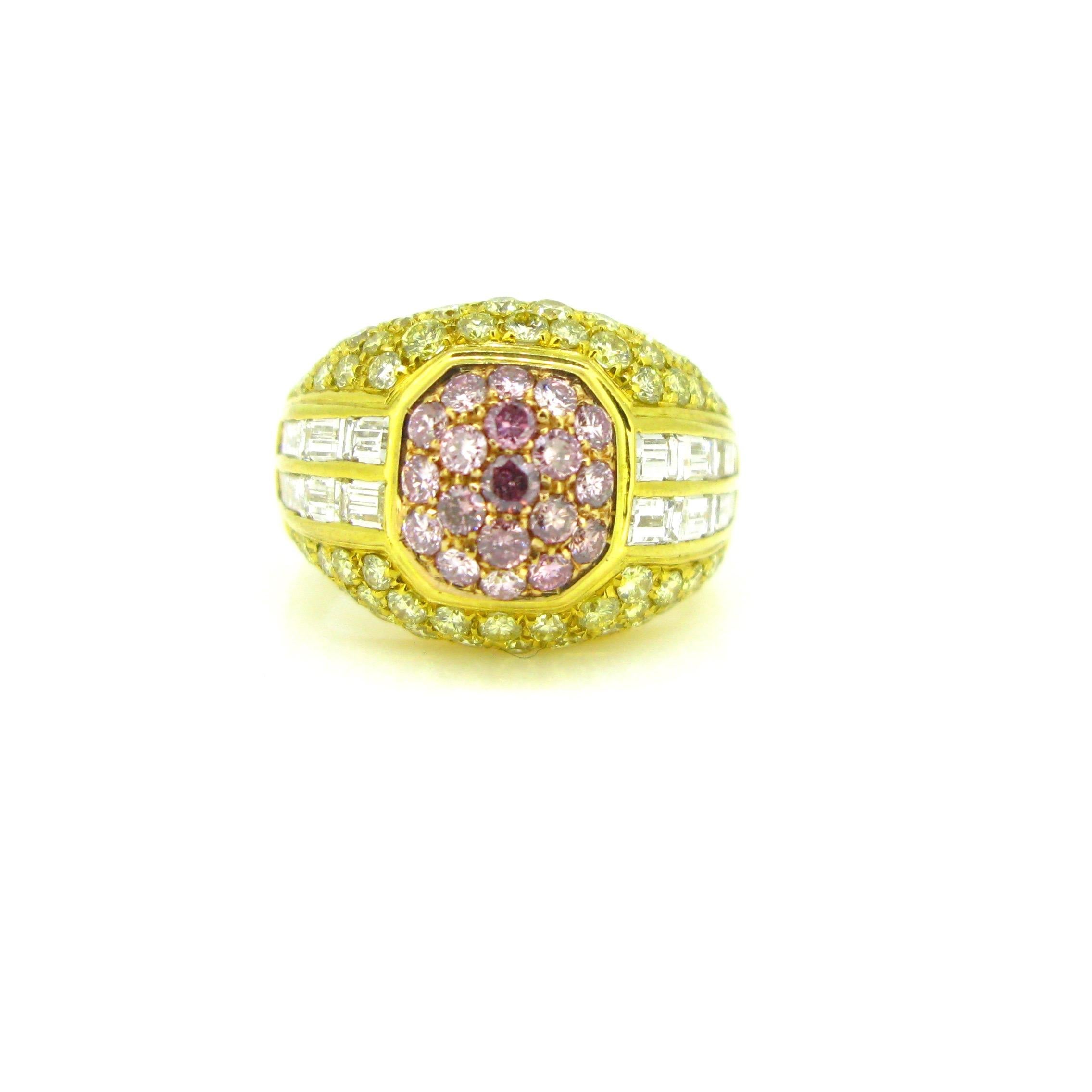 Contemporary Modern Yellow Gold Pink Yellow and Tappers Diamond Design Cocktail Ring