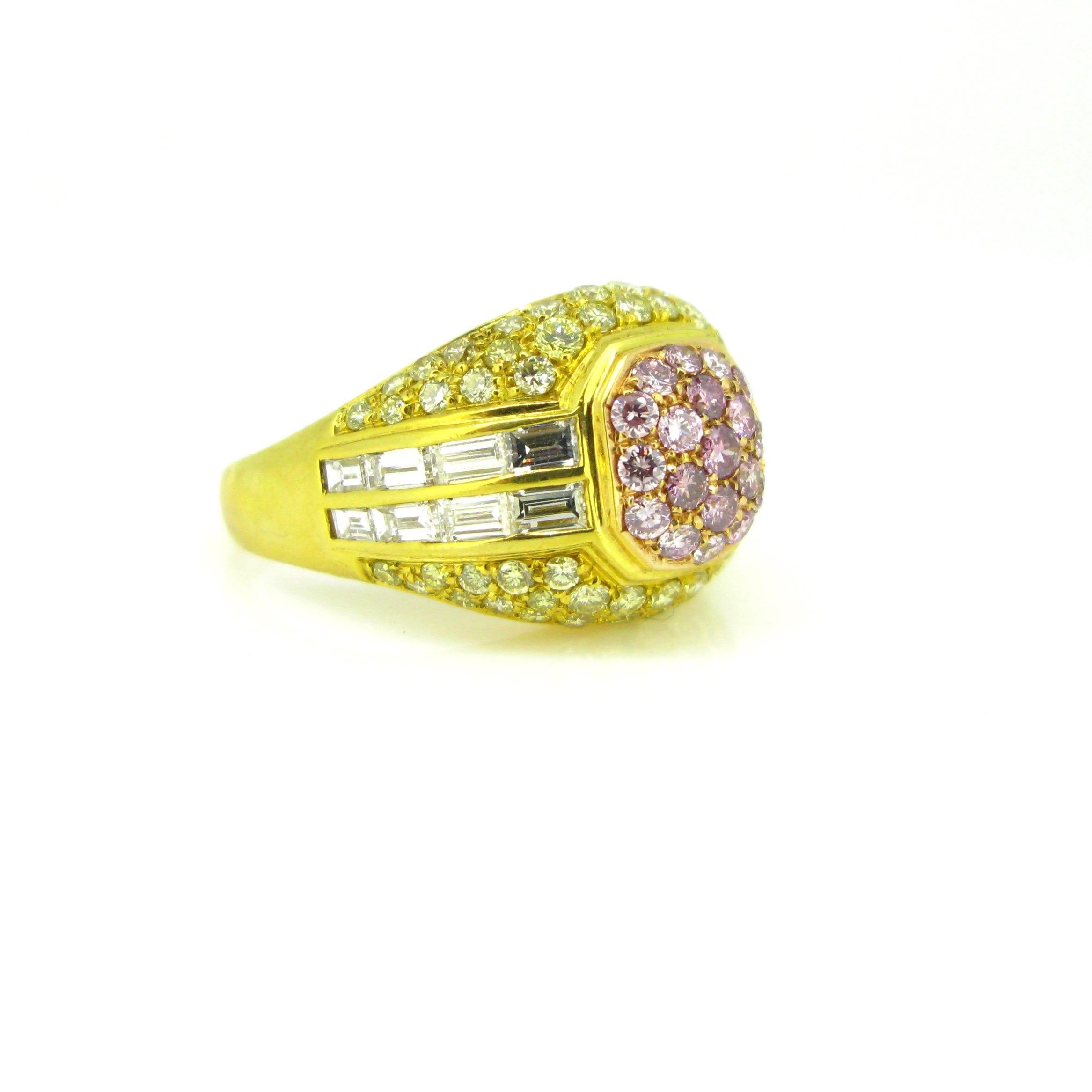 Round Cut Modern Yellow Gold Pink Yellow and Tappers Diamond Design Cocktail Ring