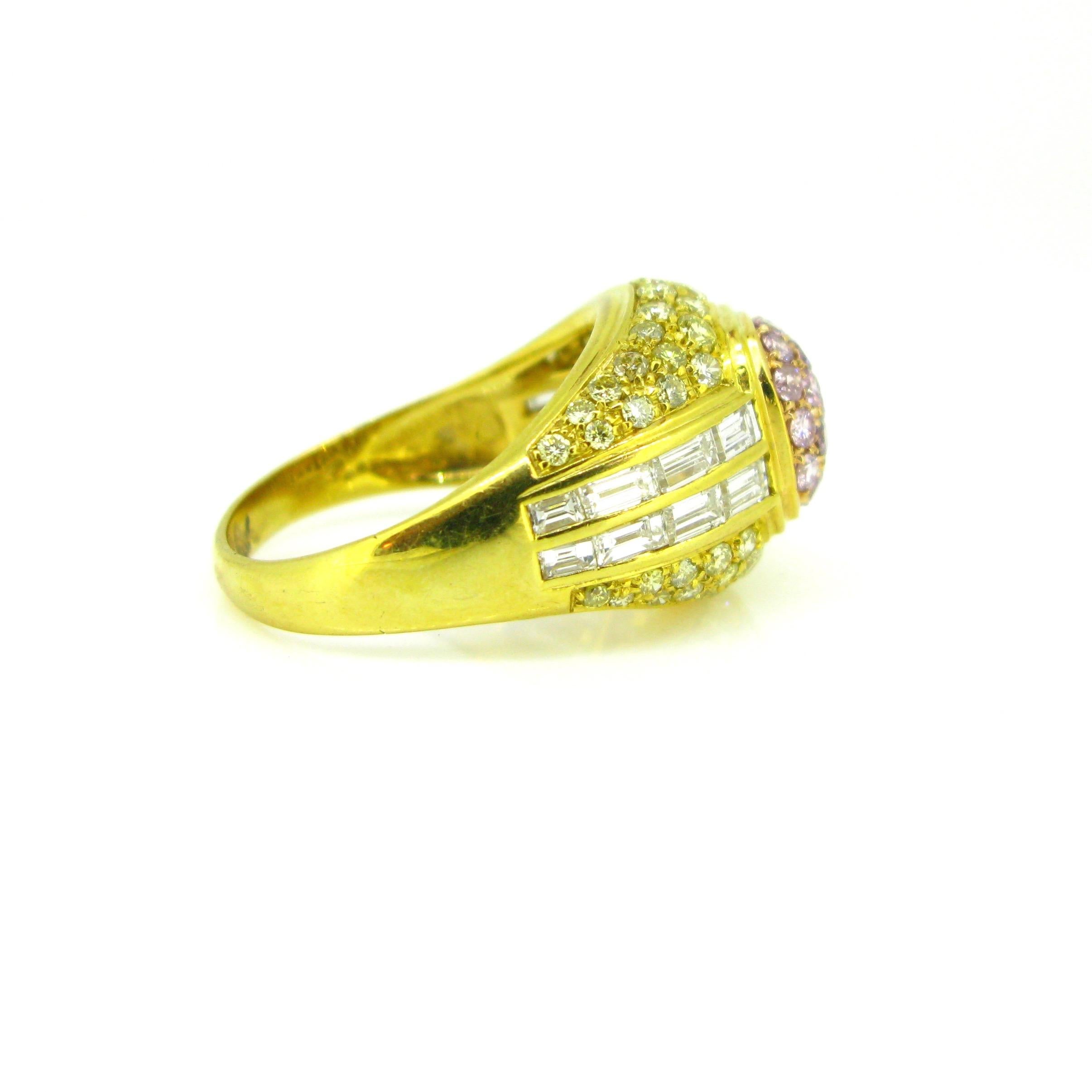 Modern Yellow Gold Pink Yellow and Tappers Diamond Design Cocktail Ring In New Condition In London, GB