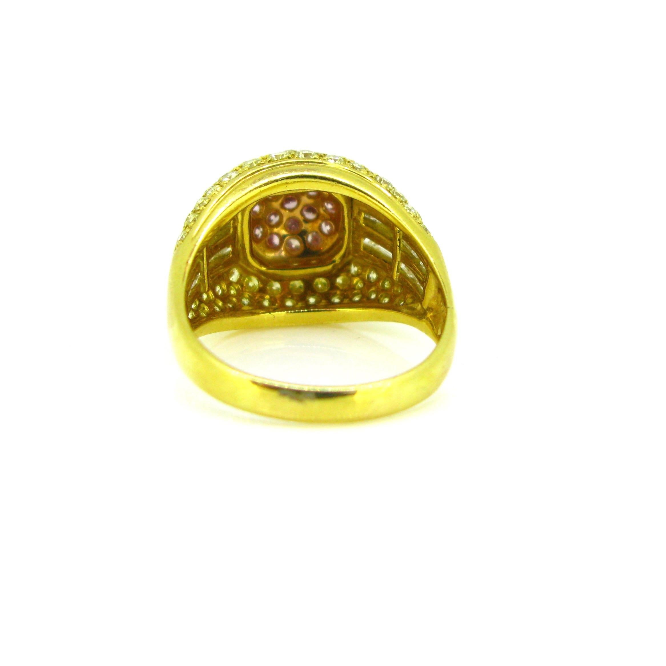Women's or Men's Modern Yellow Gold Pink Yellow and Tappers Diamond Design Cocktail Ring