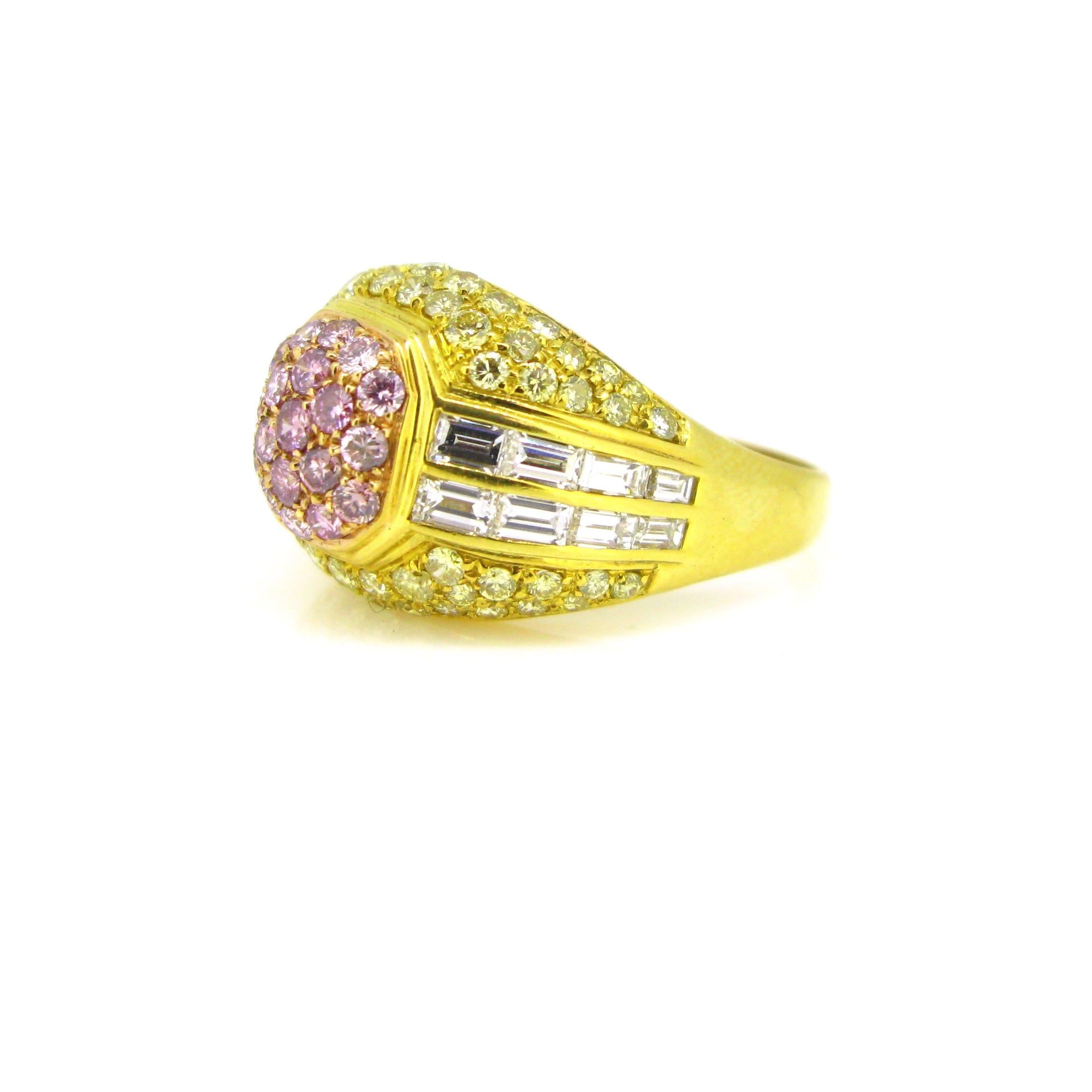 Modern Yellow Gold Pink Yellow and Tappers Diamond Design Cocktail Ring 1