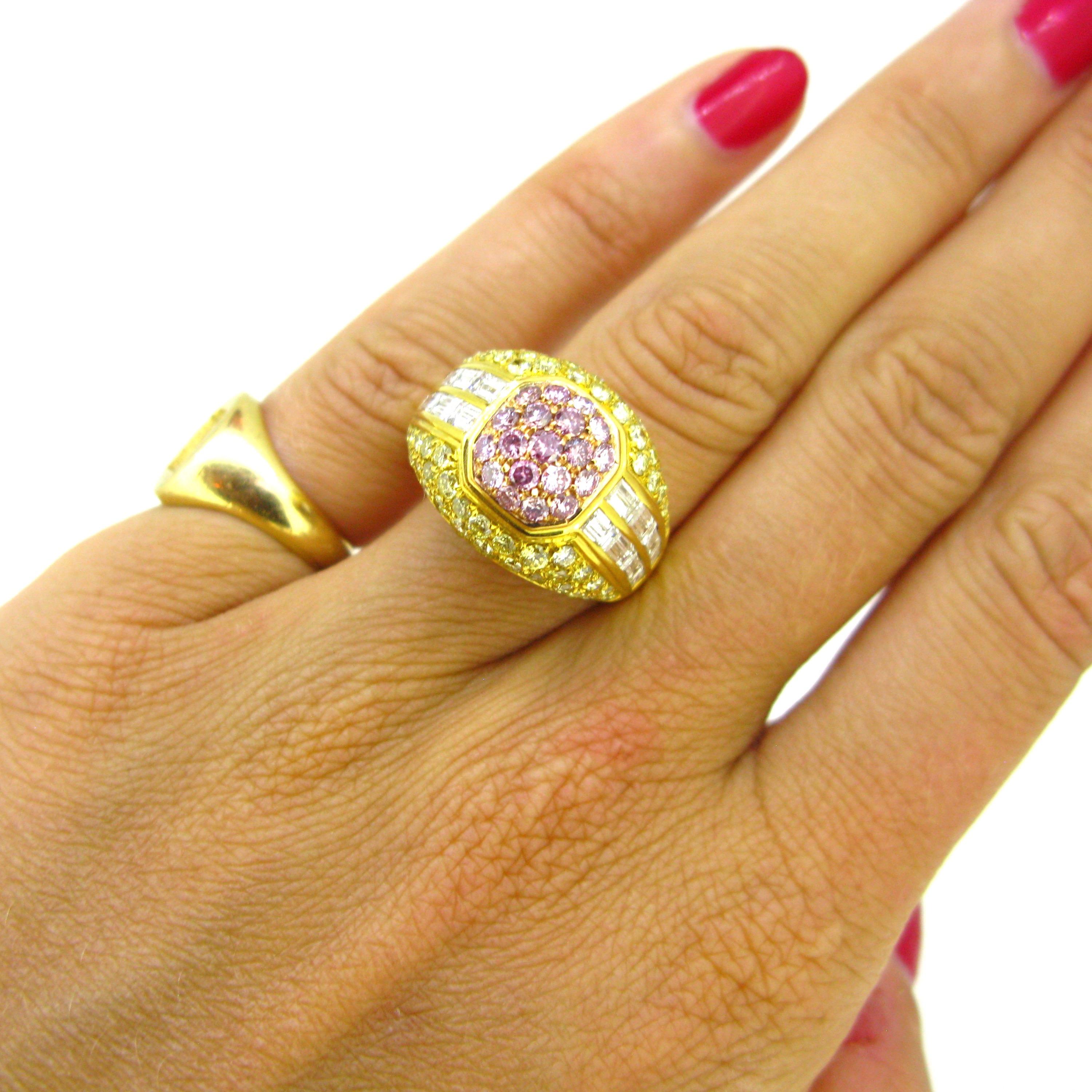 Modern Yellow Gold Pink Yellow and Tappers Diamond Design Cocktail Ring 2