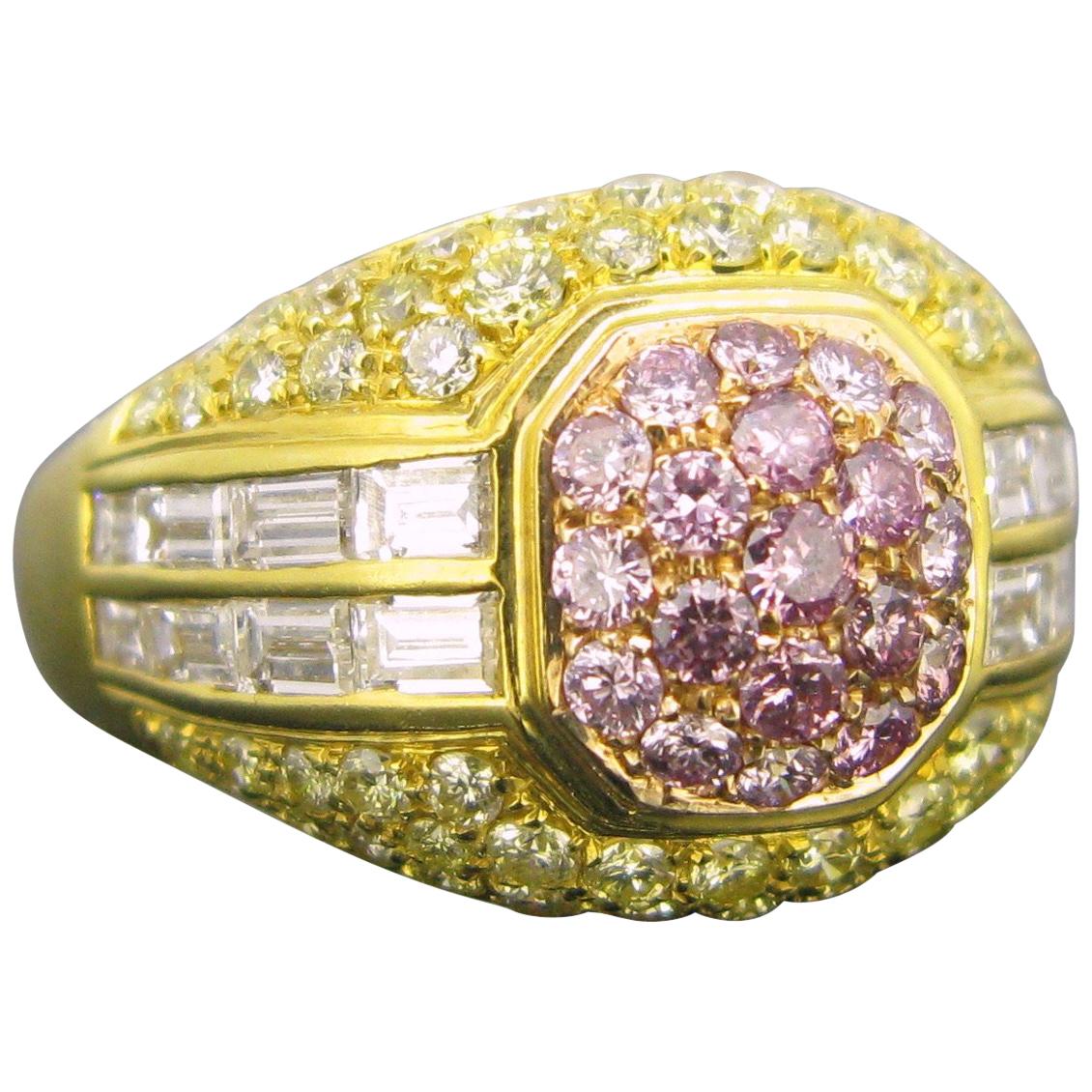 Modern Yellow Gold Pink Yellow and Tappers Diamond Design Cocktail Ring