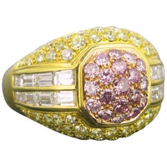 Modern Yellow Gold Pink Yellow and Tappers Diamond Design Cocktail Ring