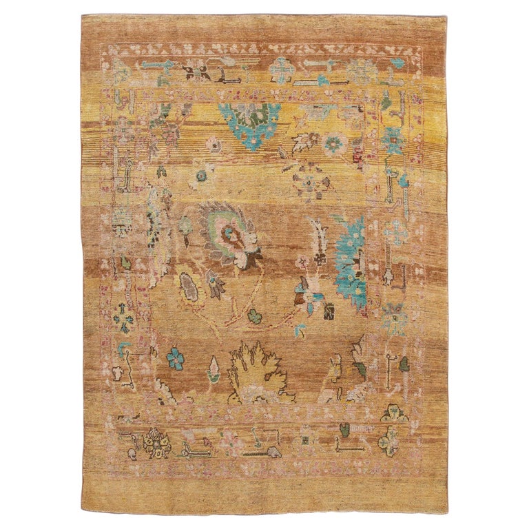 Modern Yellow Revival Handmade Floral Wool Rug For Sale at 1stDibs