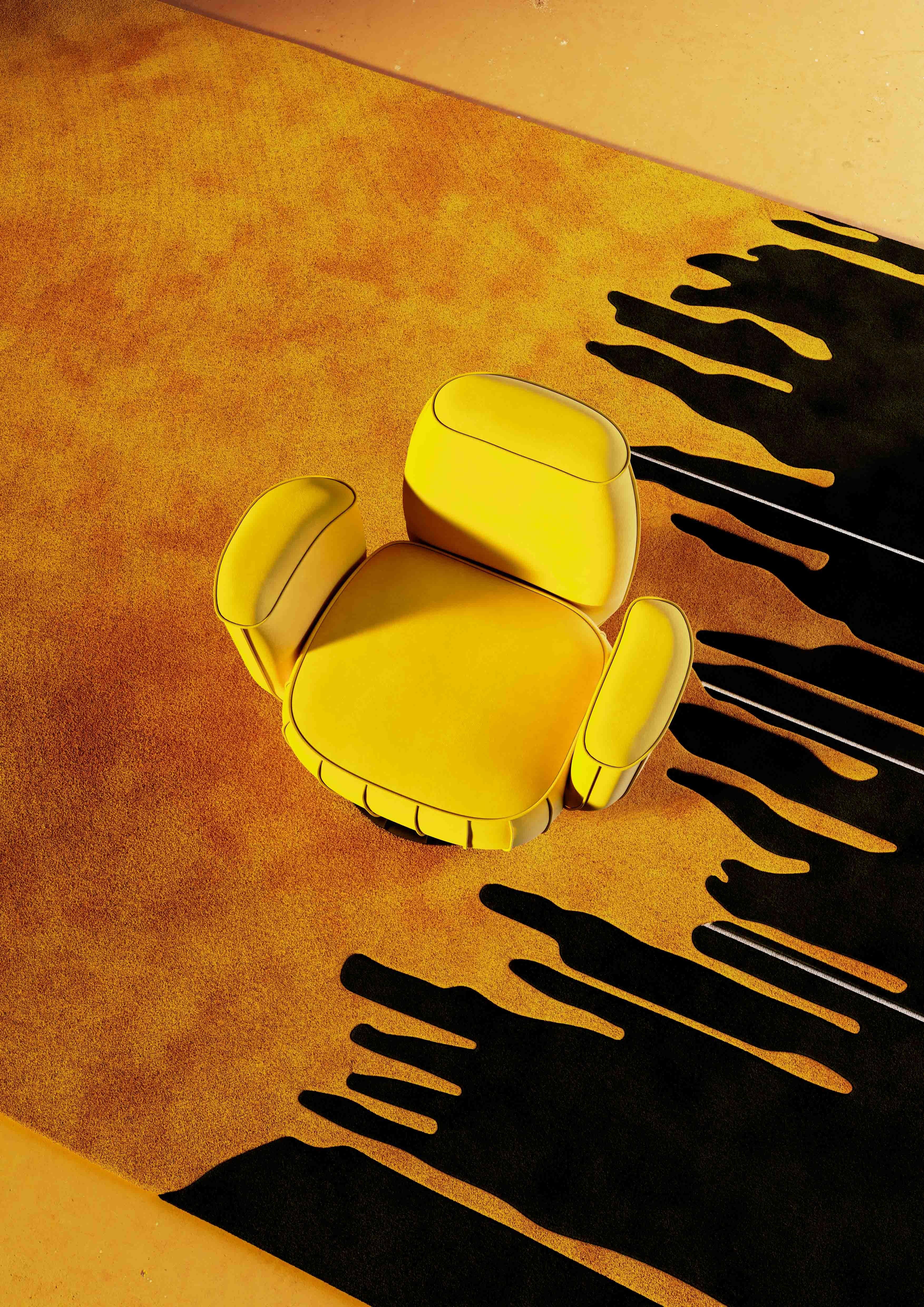 Moderner Sessel aus gelbem Samt in Kaktusform mit goldenem Drehfuß aus poliertem Messing

Ajui Armchair II Yellow ist ein Sessel im Memphis-Design-Stil mit einer sanft abgerundeten Form. Das drehbare Gestell und die geschwungene Rückenlehne bilden