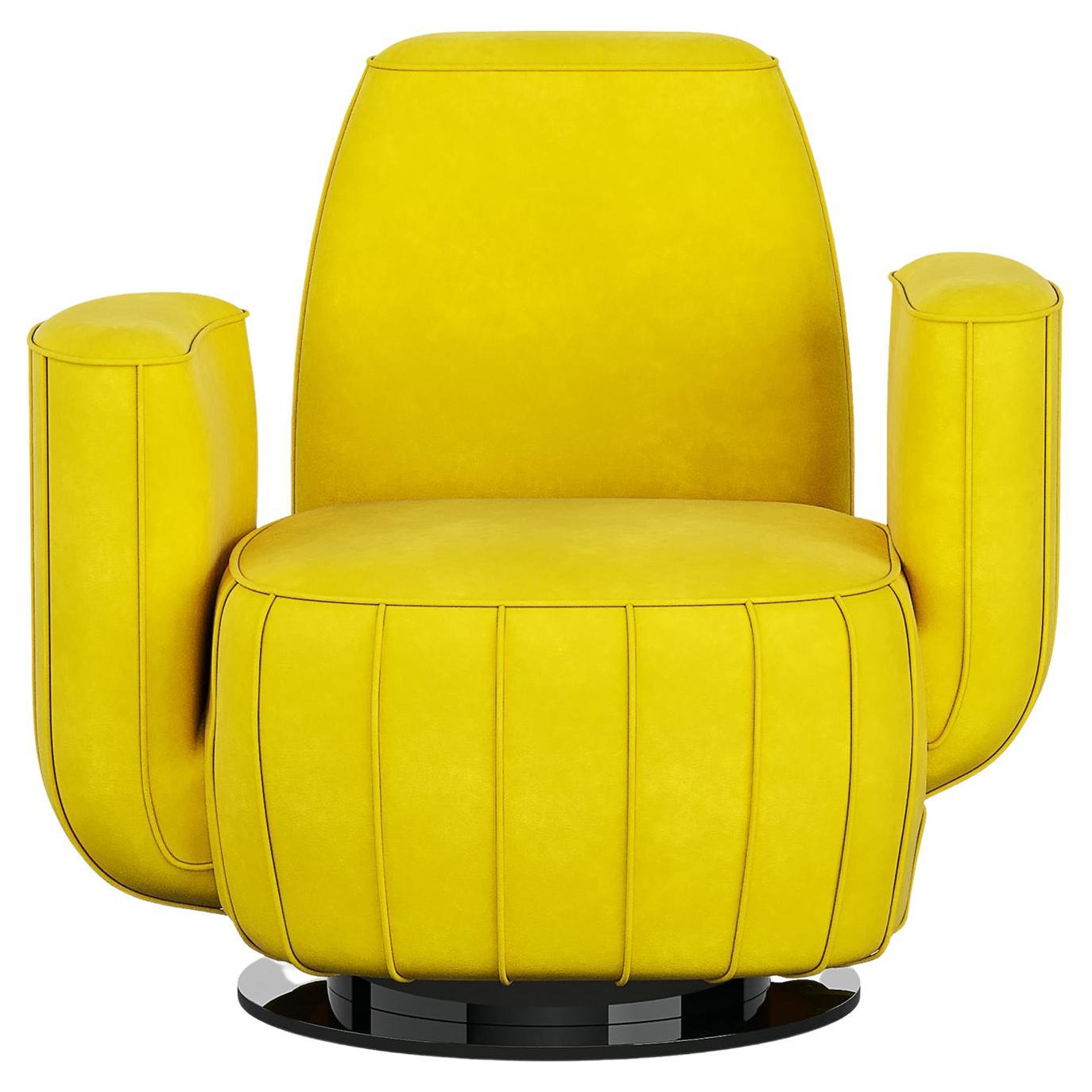 Moderner Sessel aus gelbem Samt in Kakteenform mit versilbertem, drehbarem Untergestell im Angebot