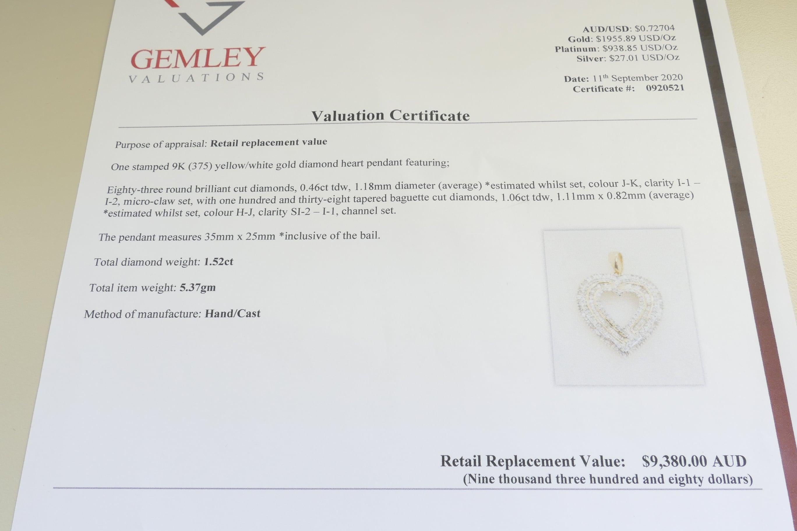 Modern Yellow and White Gold Diamond 1.52 Carat Heart Pendant In New Condition For Sale In Splitter's Creek, NSW