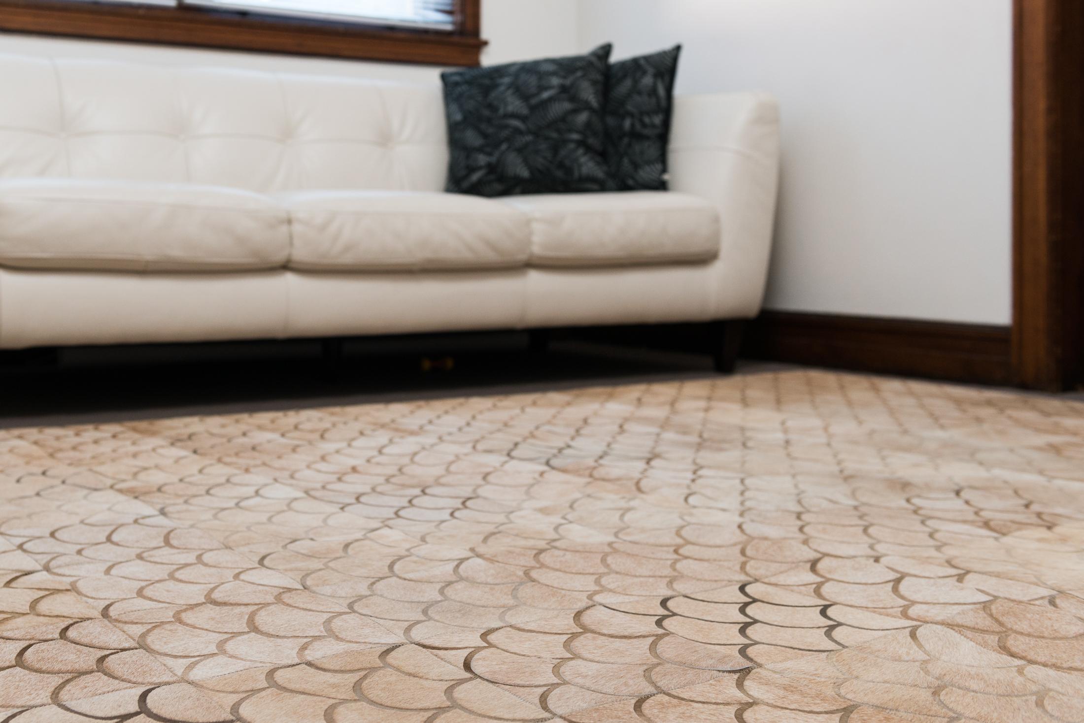 Art Deco Scallop crescent pattern Customizable Luneta Cowhide Area Floor Rug Medium  For Sale