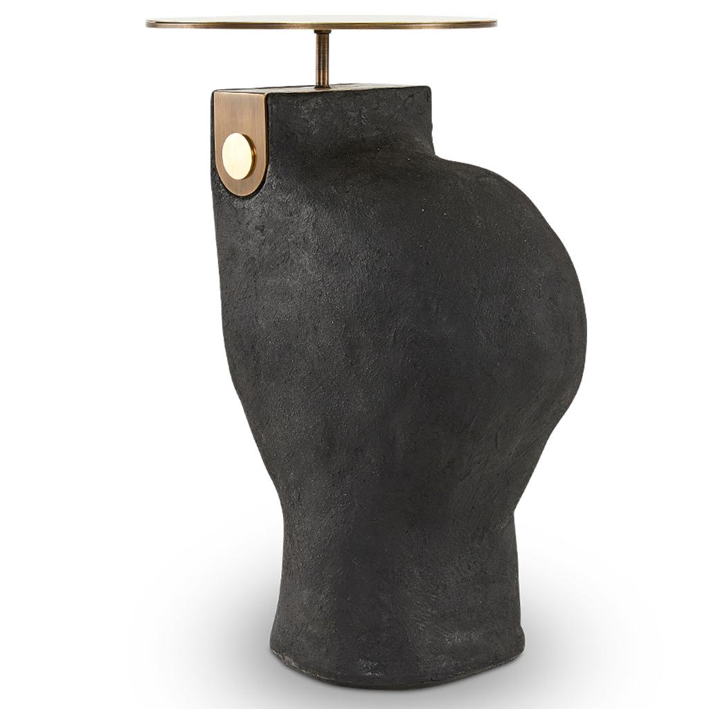 South African Modern Yosemite Plaster, Hand Finished Yoruba Black Side Table with Brass Top Lg For Sale