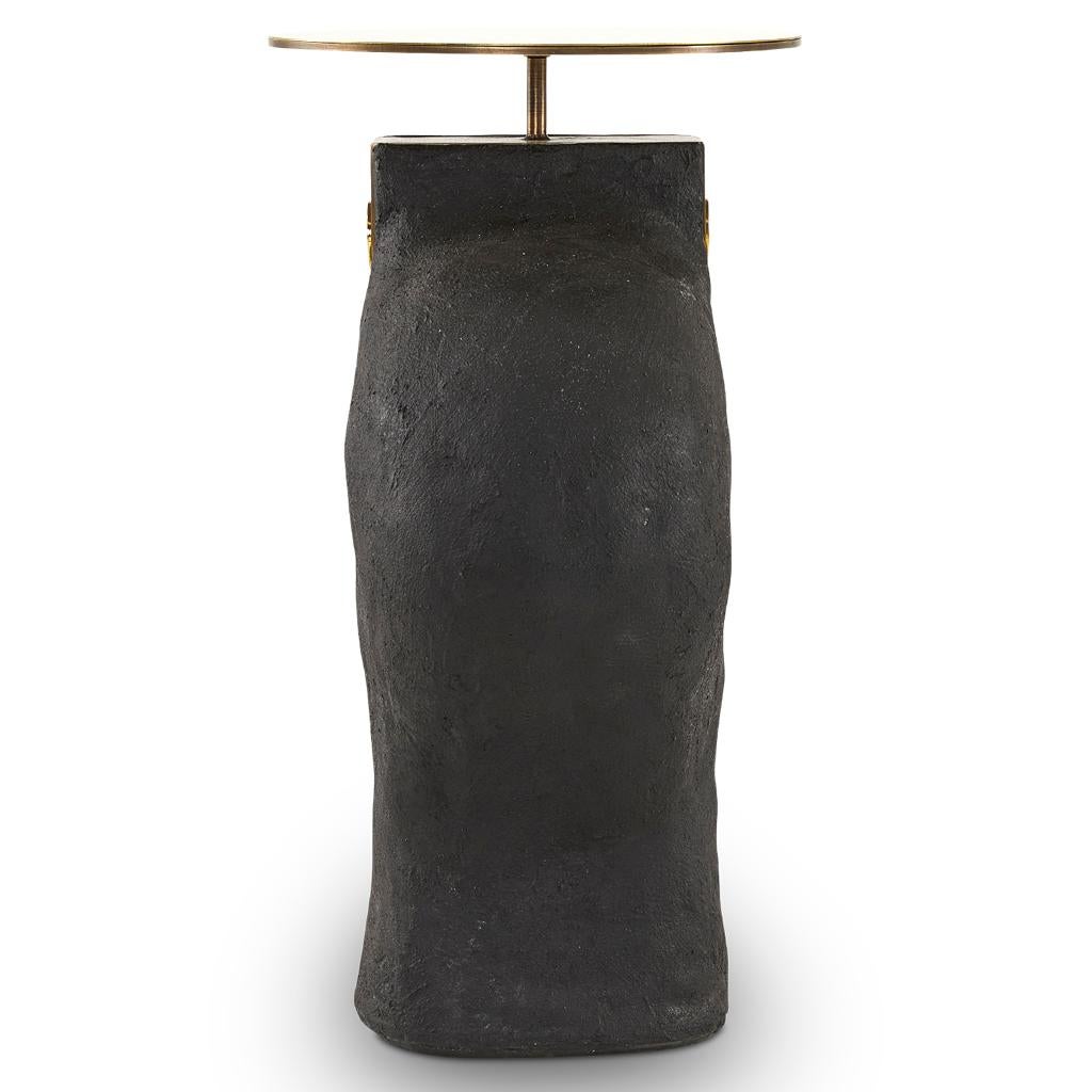 Plated Modern Yosemite Plaster, Hand Finished Yoruba Black Side Table with Brass Top Lg For Sale