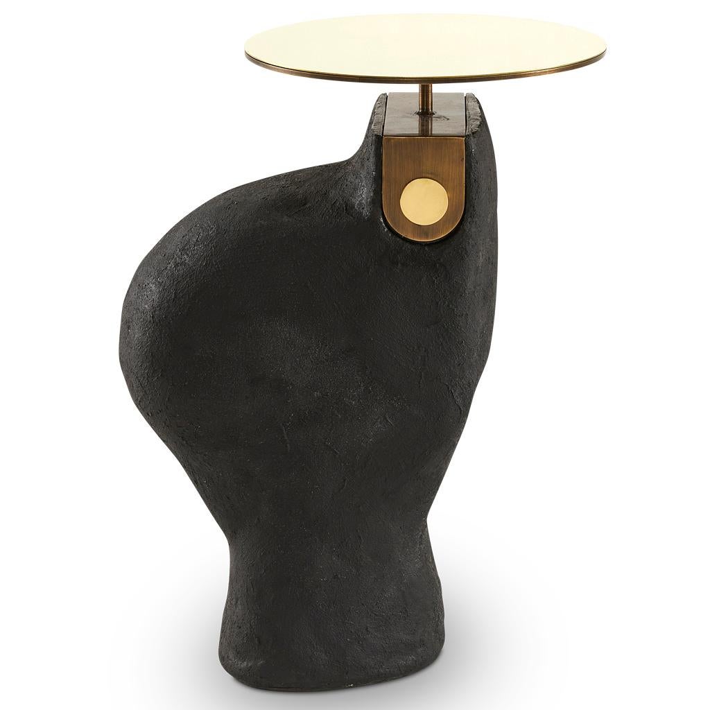 Contemporary Modern Yosemite Plaster, Hand Finished Yoruba Black Side Table with Brass Top Lg For Sale