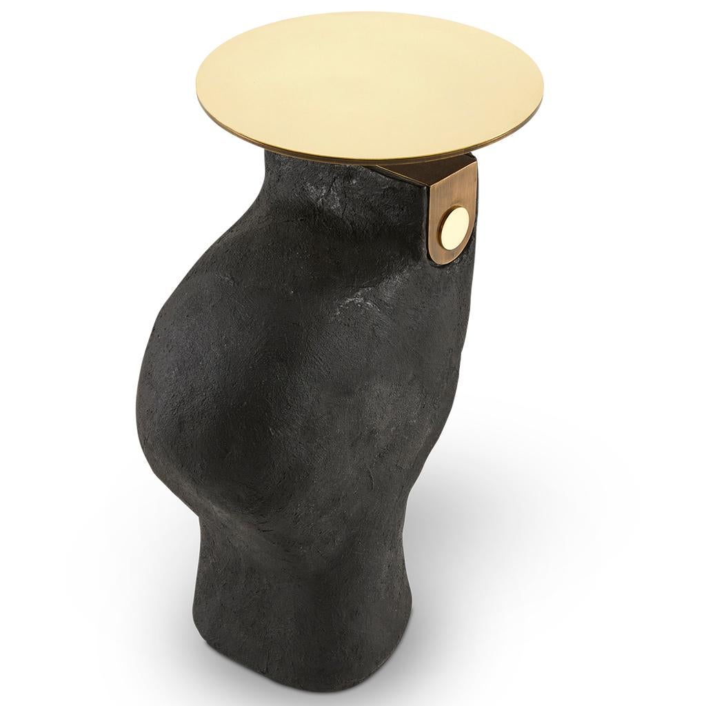 Modern Yosemite Plaster, Hand Finished Yoruba Black Side Table with Brass Top Lg For Sale 1