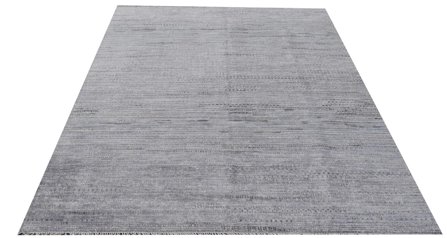 Indian Modern Zagora Rug Wool Hand Knotted Gray and light Blue Moroccan Design Style