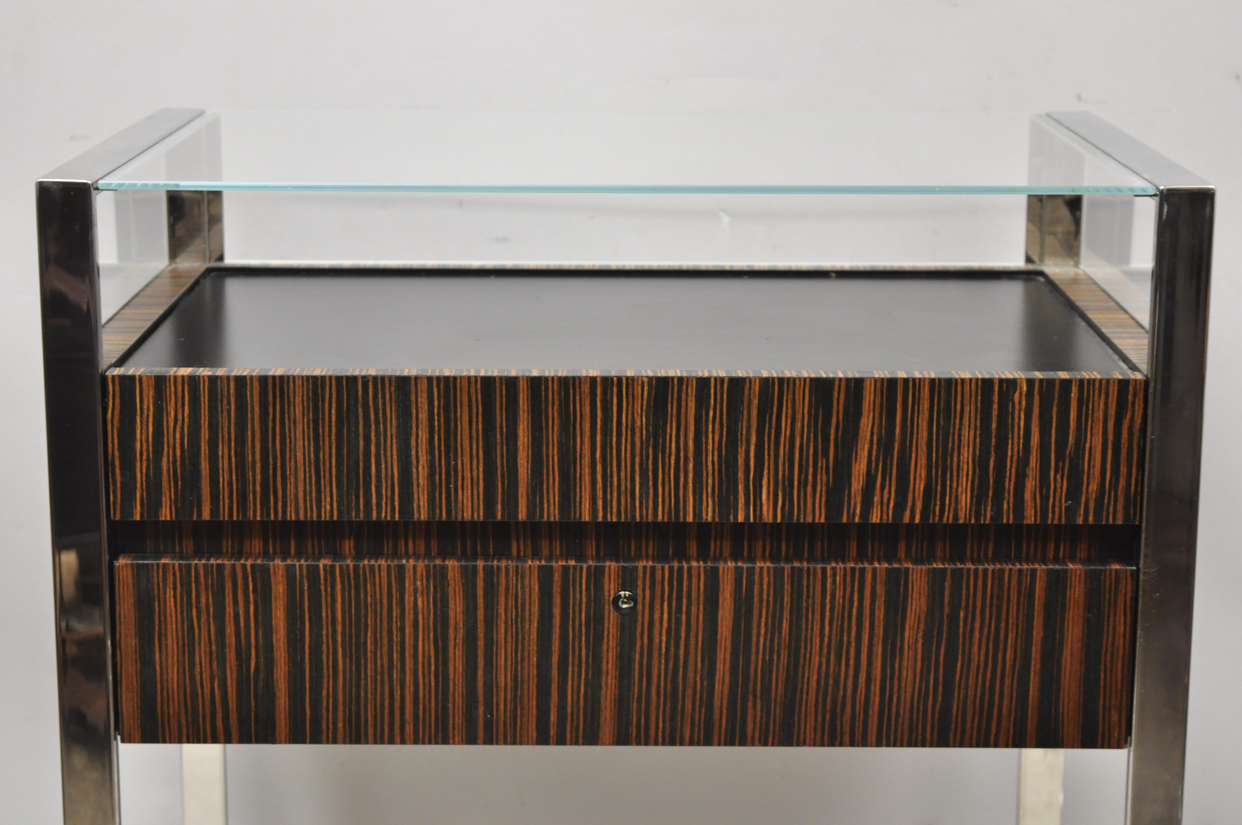 Modern Zebra Wood Chrome Glass Jewelry Closet Display Counter Case with Drawer In Good Condition For Sale In Philadelphia, PA