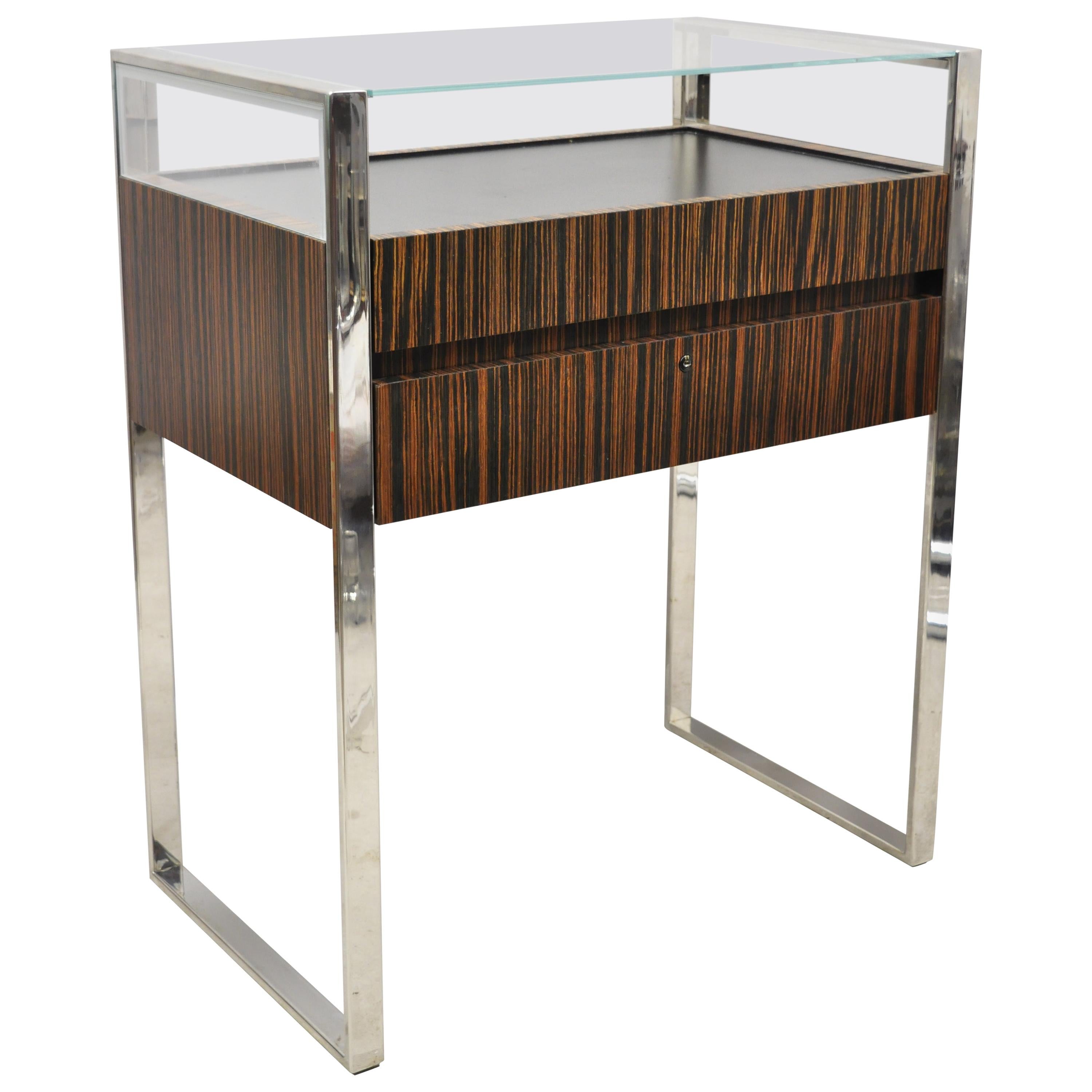 Modern Zebra Wood Chrome Glass Jewelry Closet Display Counter Case with Drawer For Sale