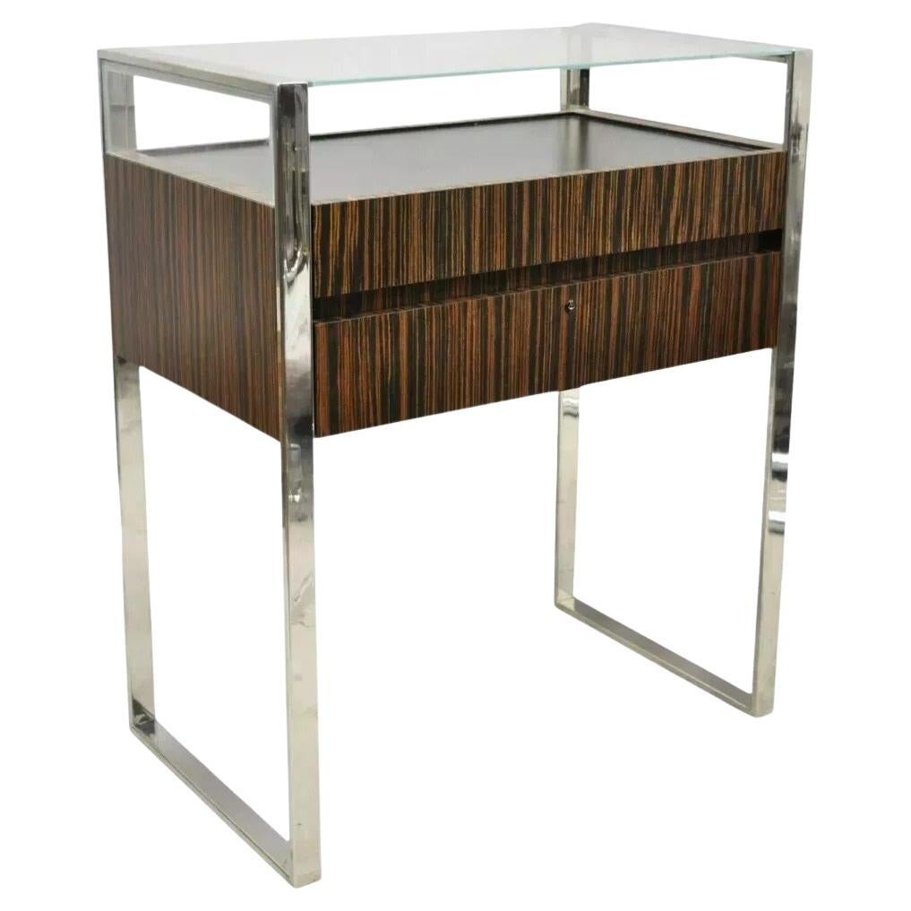 Moderna vetrina per gioielli Zebra Wood Chrome Glass con cassetto