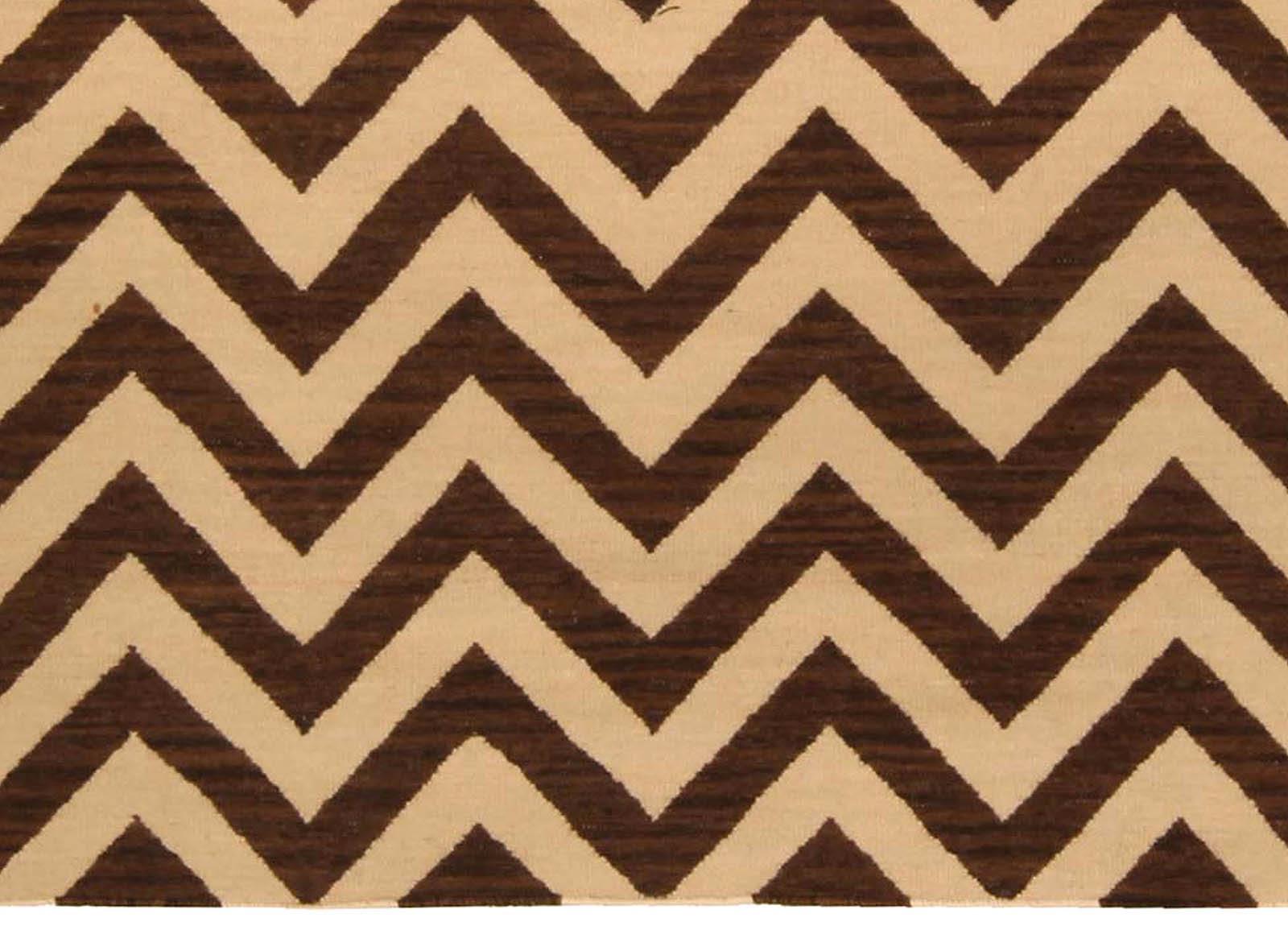 Indian Modern Zig-Zag Design Handmade Wool Rug in Brown and Beige by Doris Leslie Blau For Sale