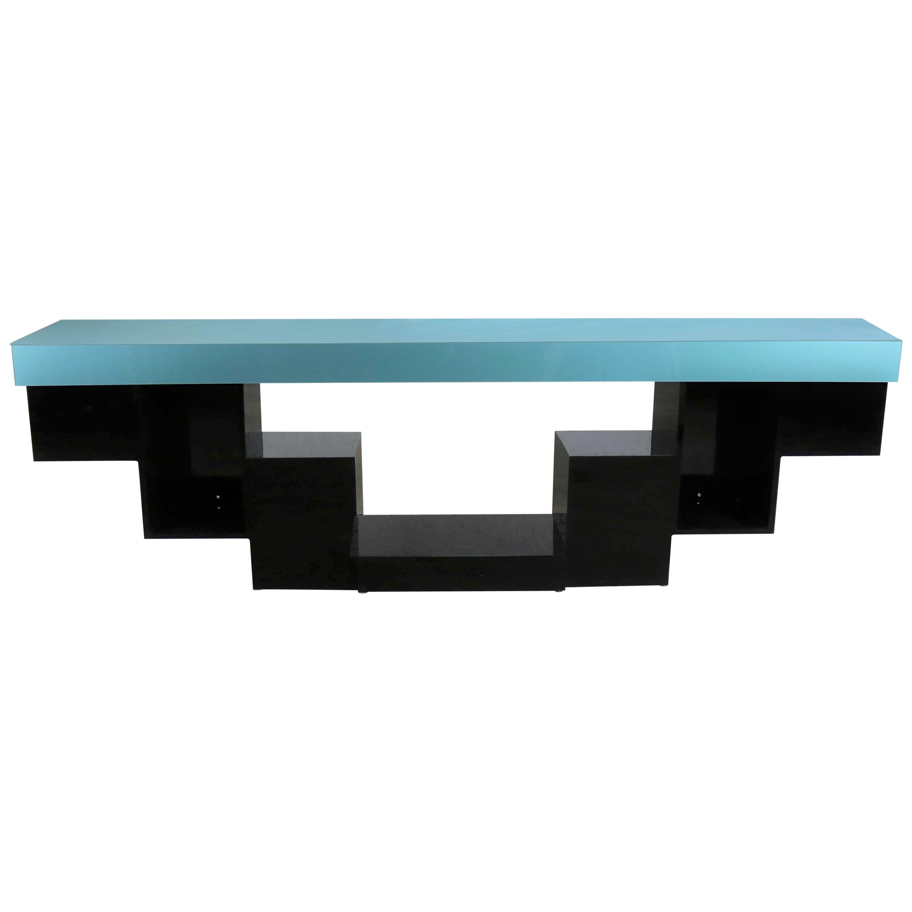Modern Zig Zag Stepped Plexiglass Clad Console Table Credenza in Black and Teal For Sale
