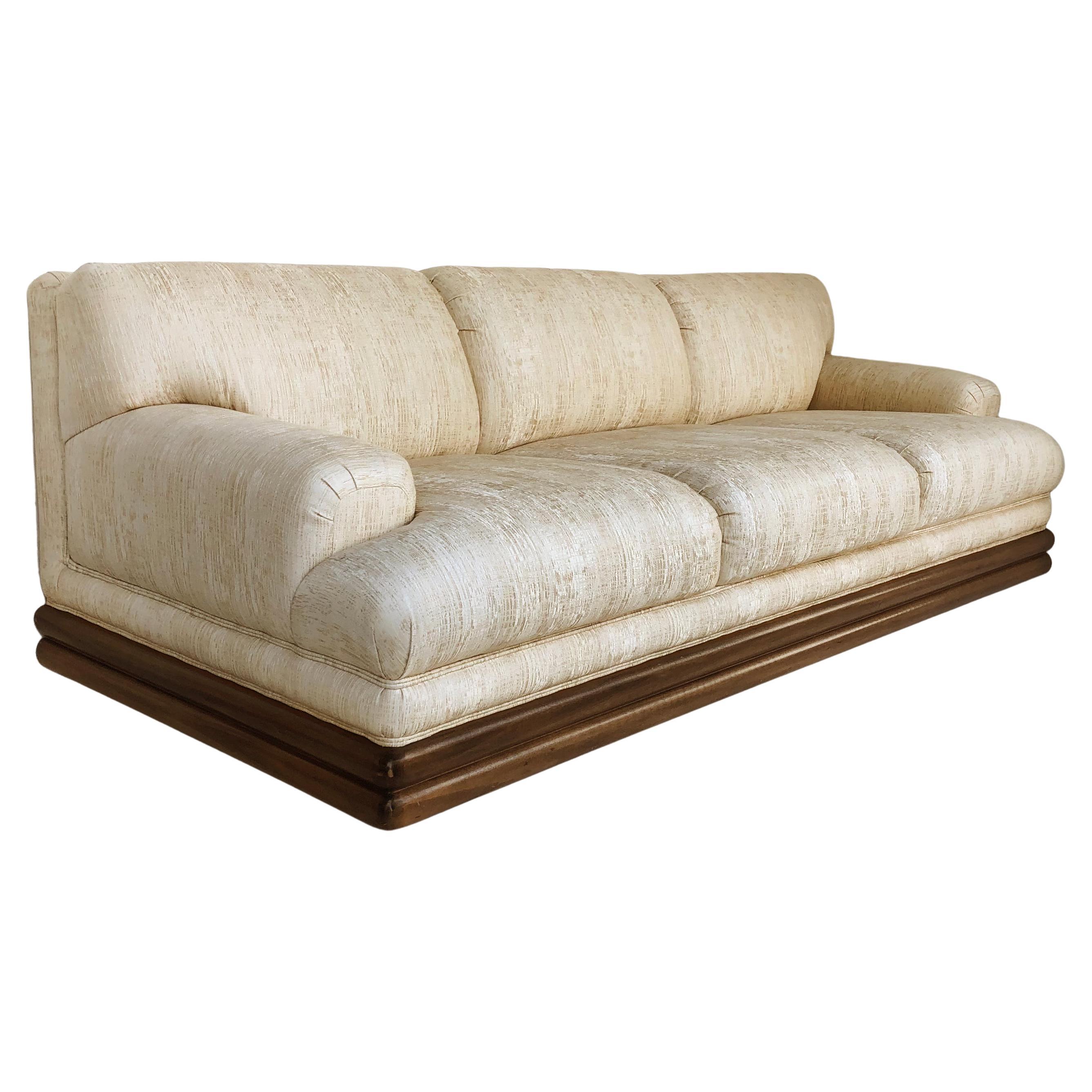 Art Deco Linen Sofa with Carved Wood Base at 1stDibs