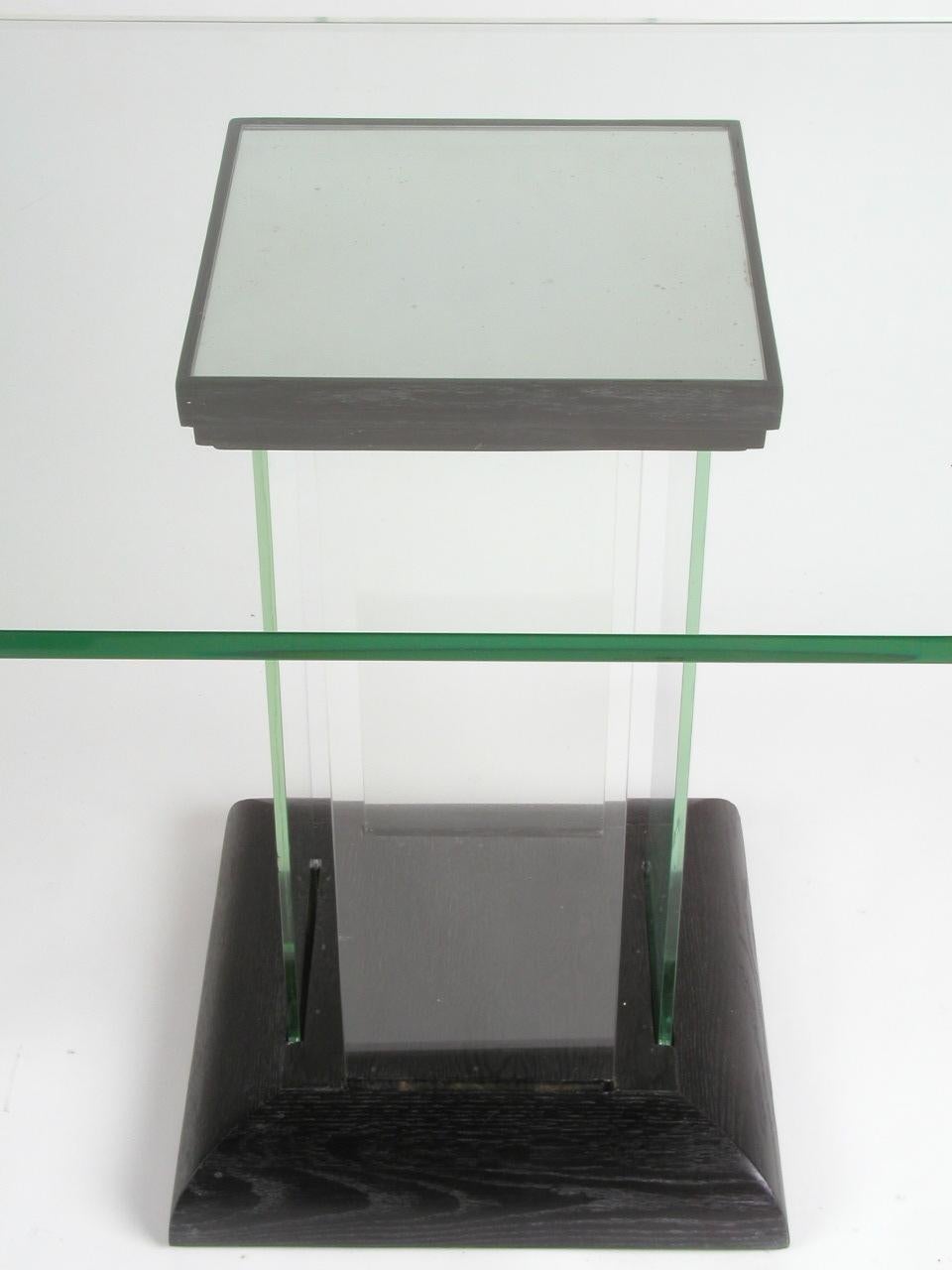 American 1940s New Era Modernage Glass Console or Dinette Table Black Ebonized Oak Base For Sale