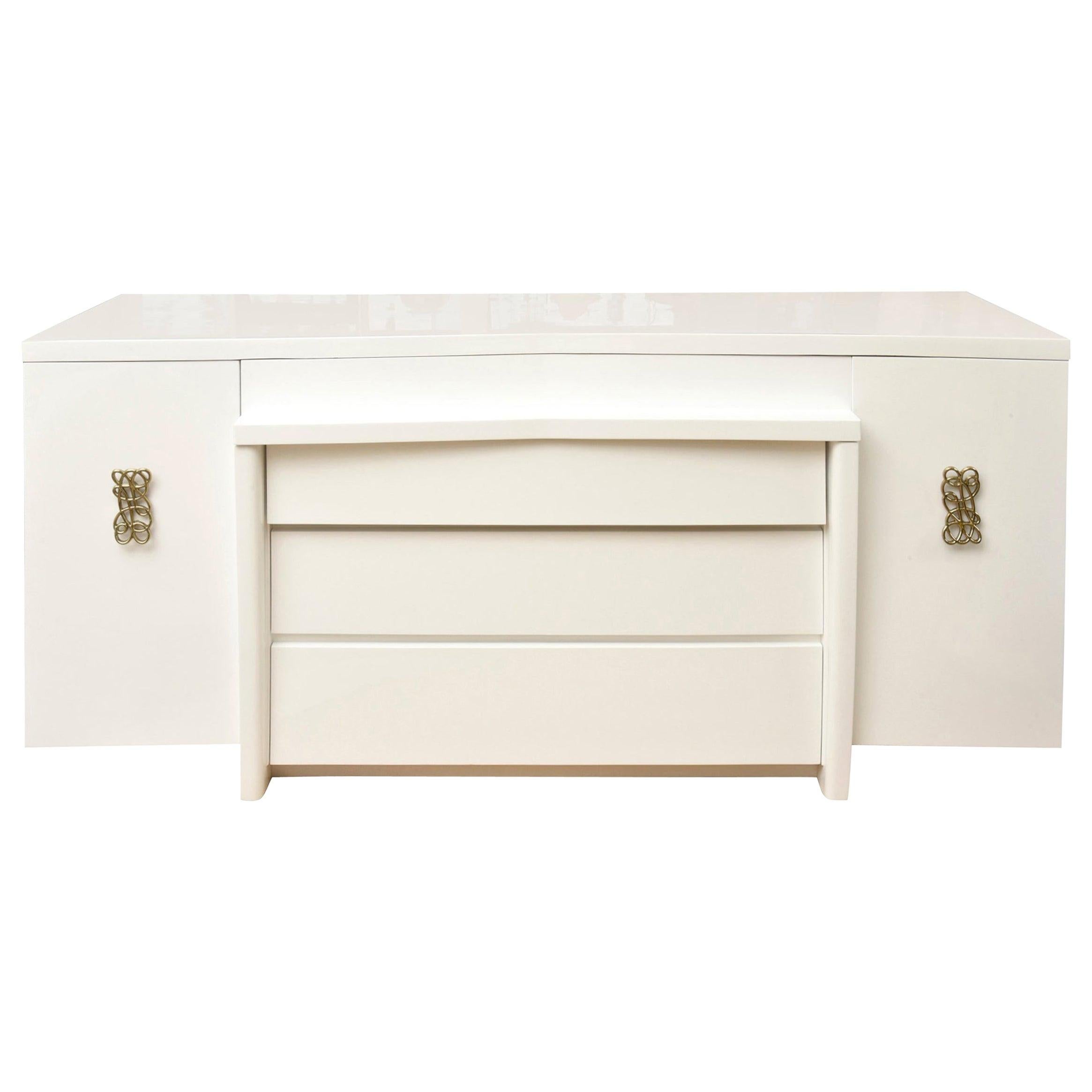 Modernage White Lacquered Wood and Brass Buffet or Cabinet Vintage