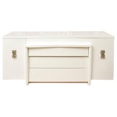 Modernage White Lacquered Wood and Brass Buffet or Cabinet Vintage