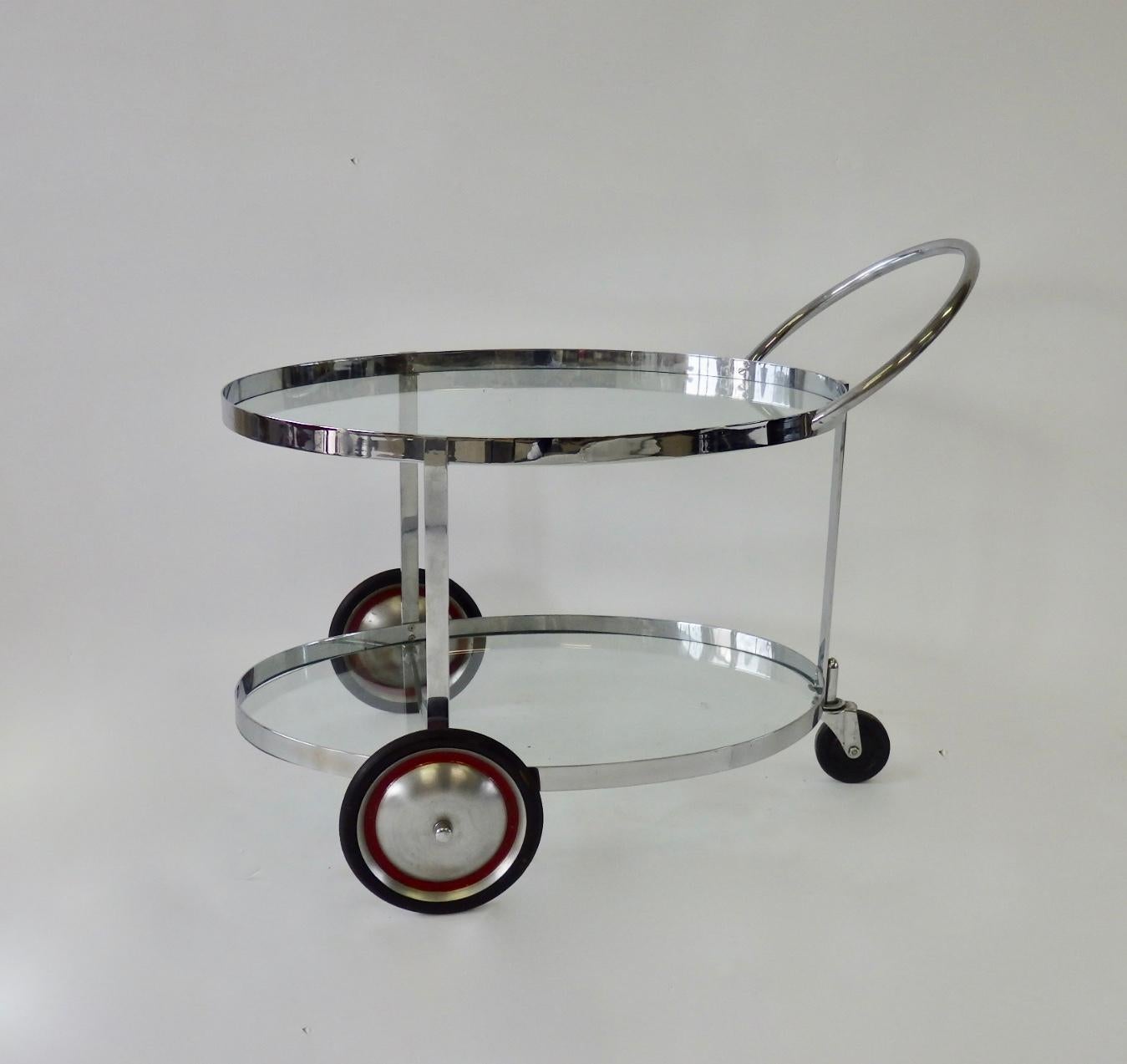 American Machine age art deco two tier chrome drinks cart in the style of Gilbert Rohde  For Sale