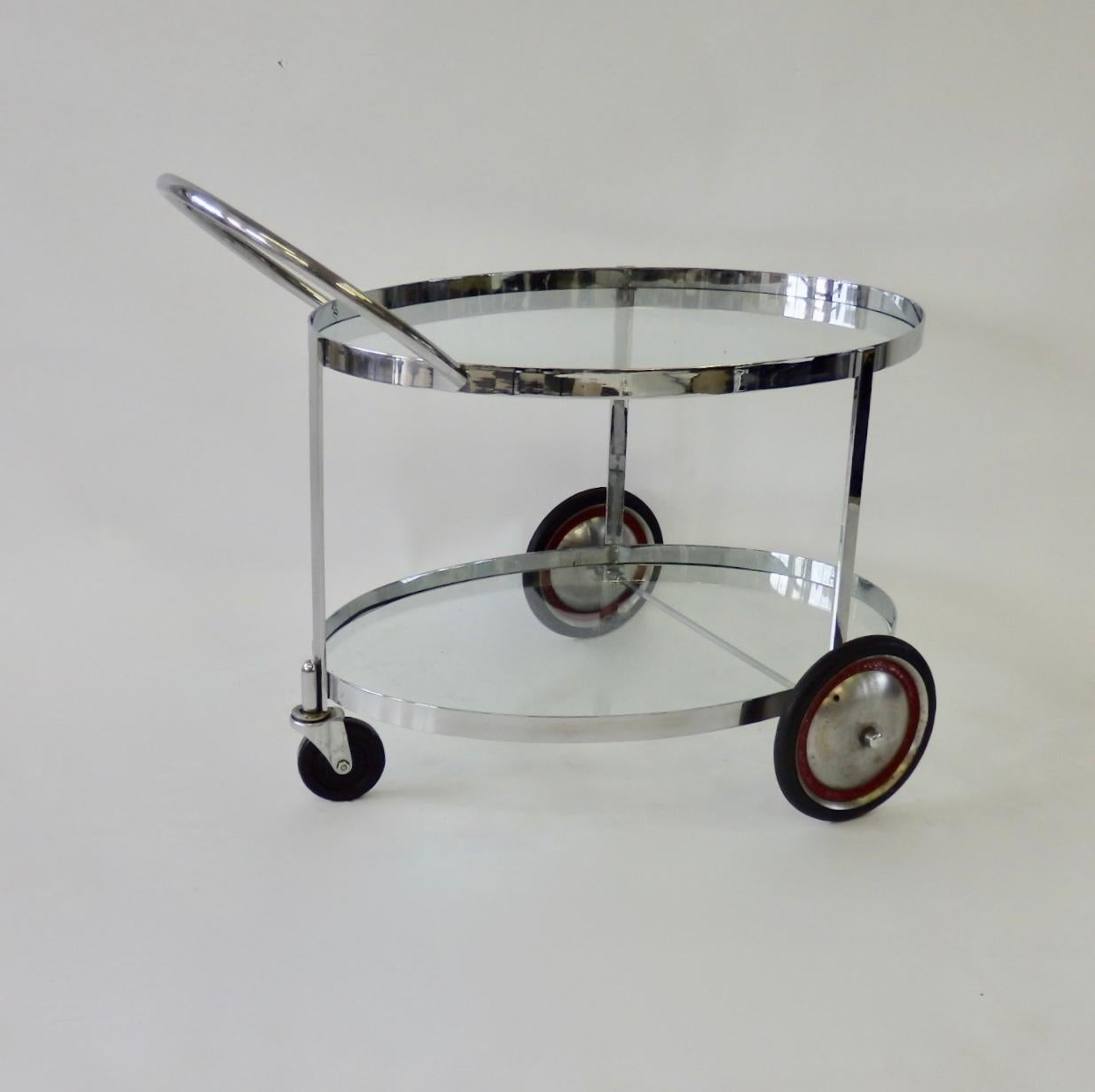 Machine age art deco two tier chrome drinks cart in the style of Gilbert Rohde  In Good Condition For Sale In Ferndale, MI