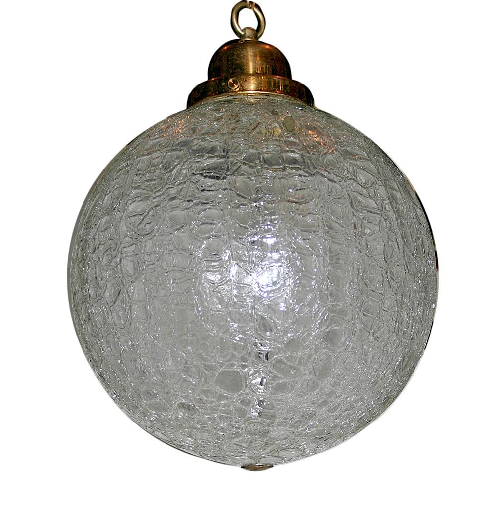 A circa 1960s Italian crackled glass lantern with an interior Edison light.

Measurements:
Current drop: 20