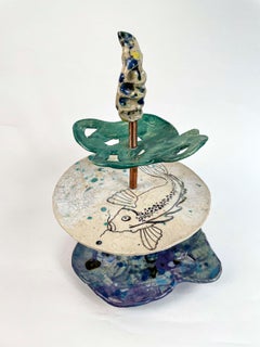 Handmade blue ceramic etagere, stand tray or jewellery holder