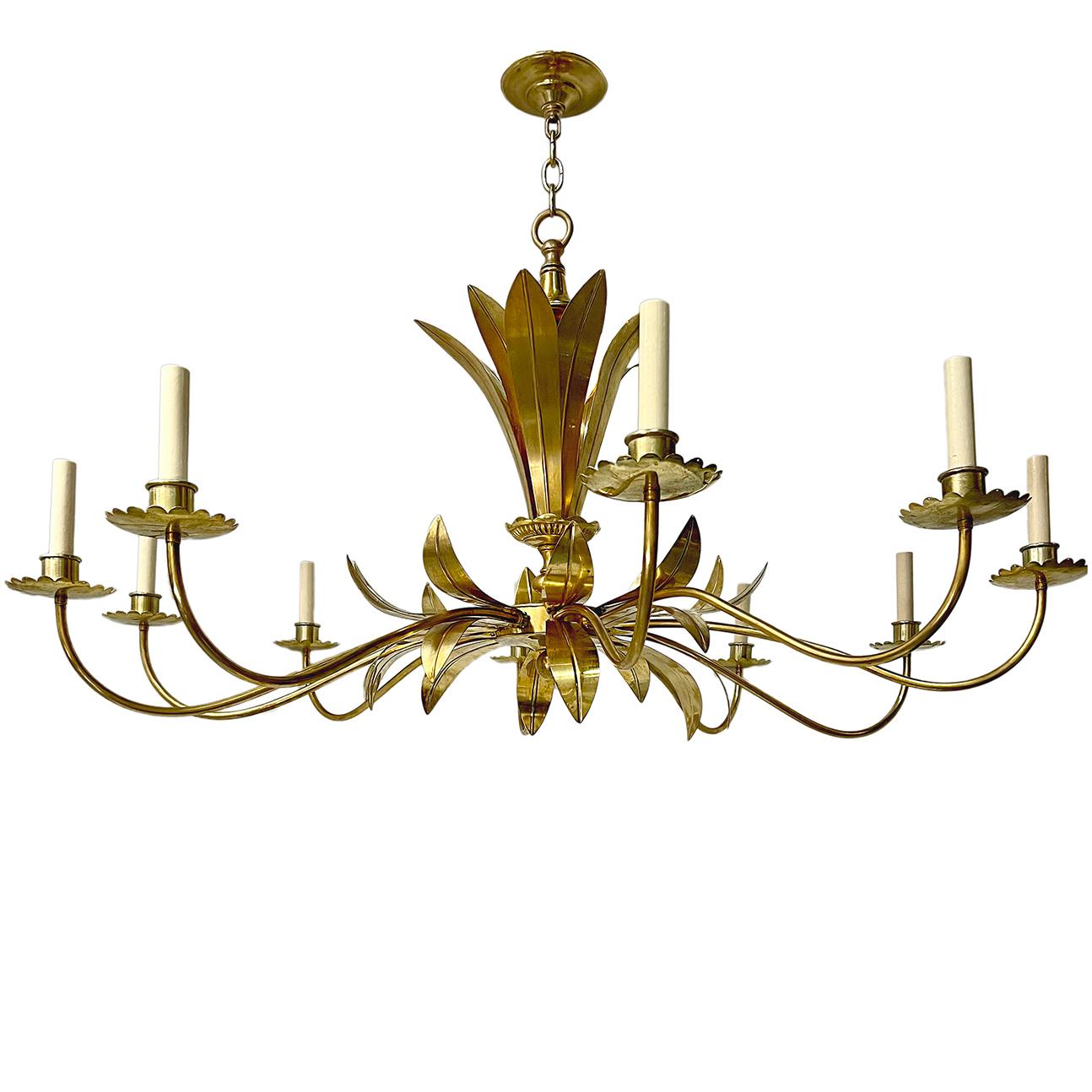 A circa 1940's ten-arm gilt metal Italian chandelier with foliage motif.

Measurements:
Diameter: 50