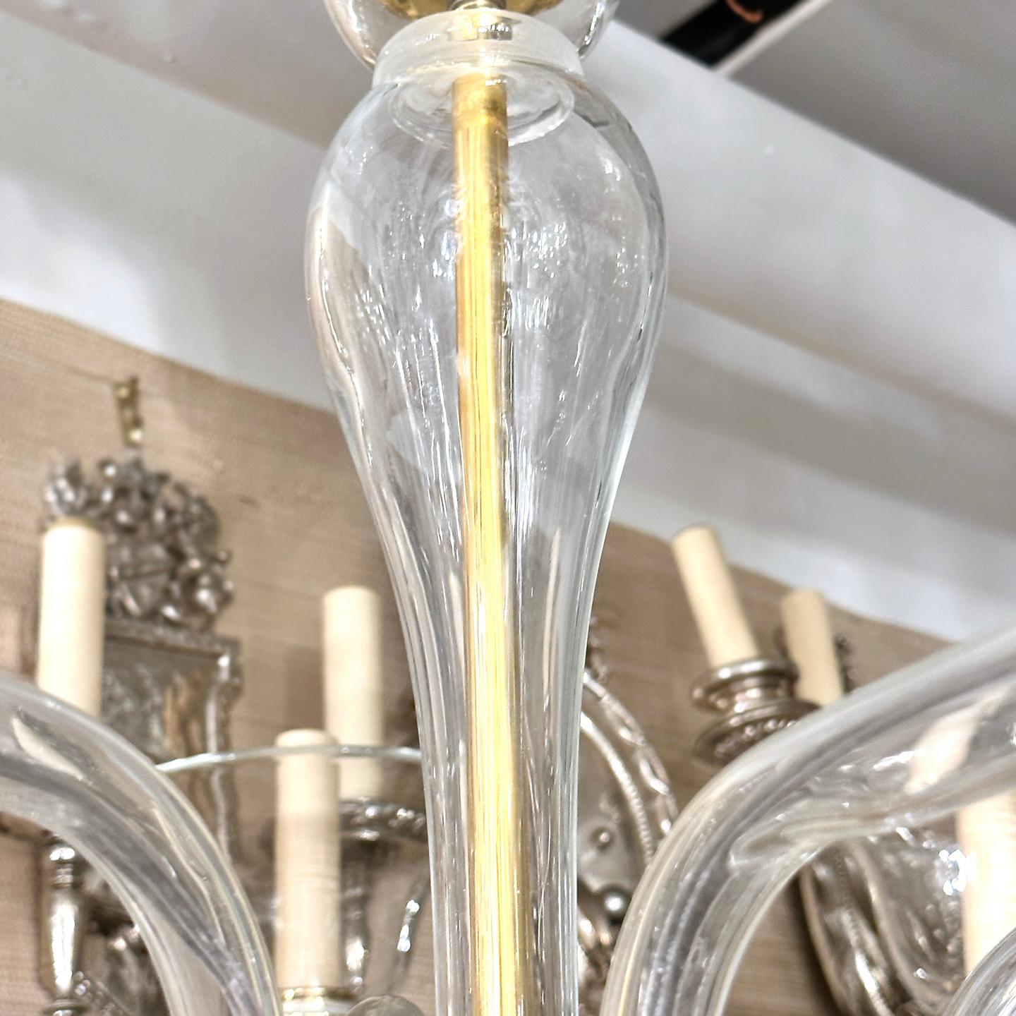 Circa 1960's Italian Clear Murano glass eight-arm chandelier.

Measurements:
Diameter: 36