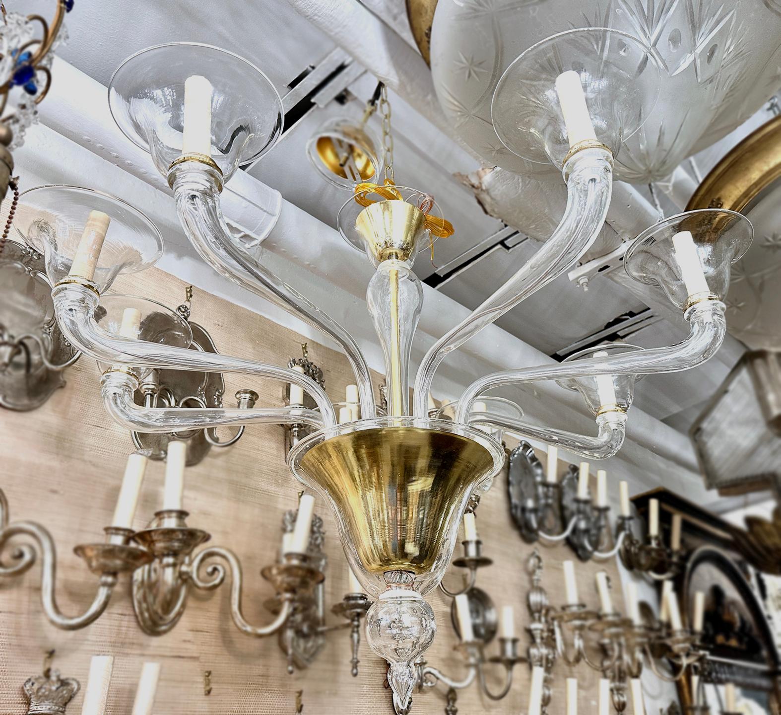 Mid-20th Century Moderne Gold and Clear Murano Chandelier For Sale