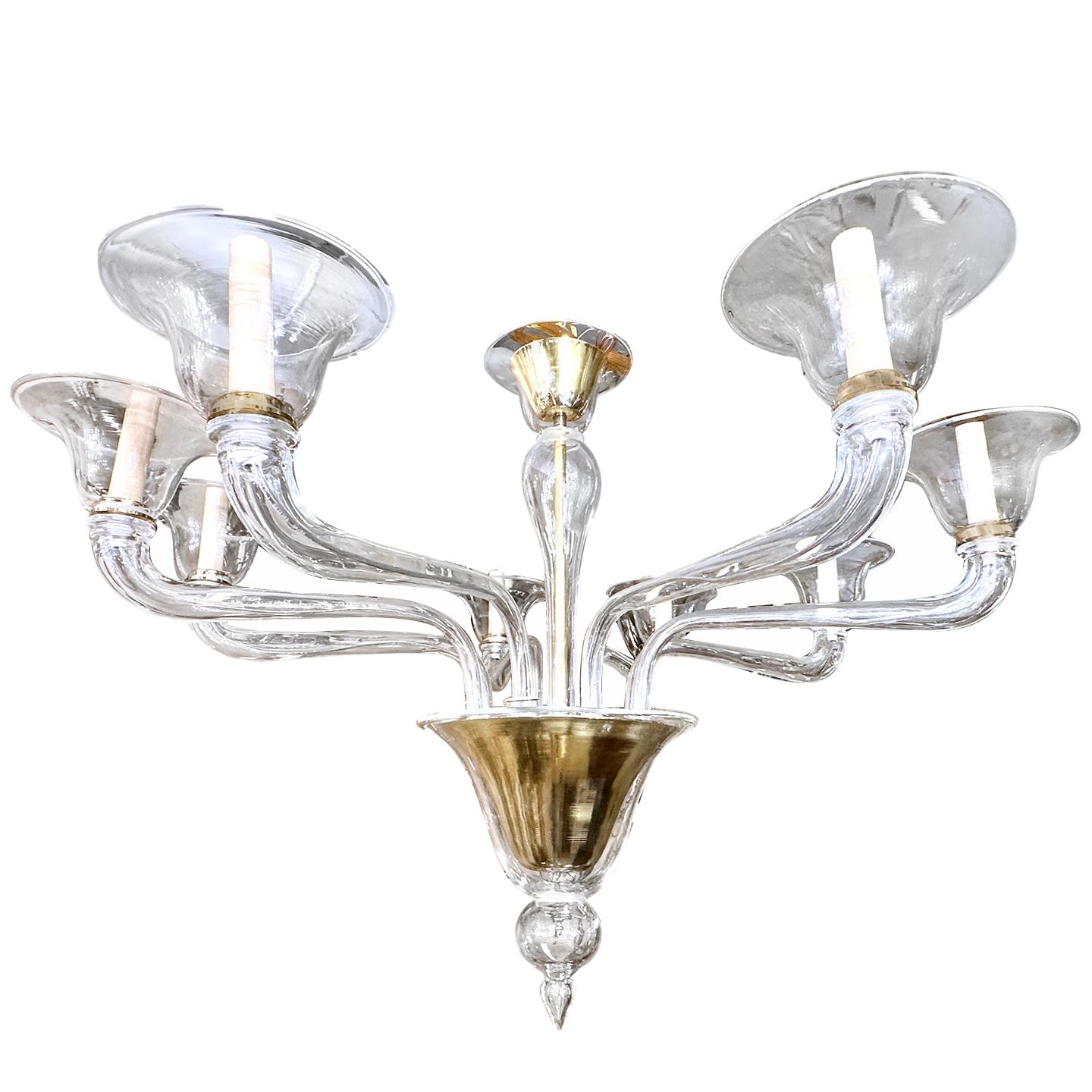 Moderne Gold and Clear Murano Chandelier For Sale