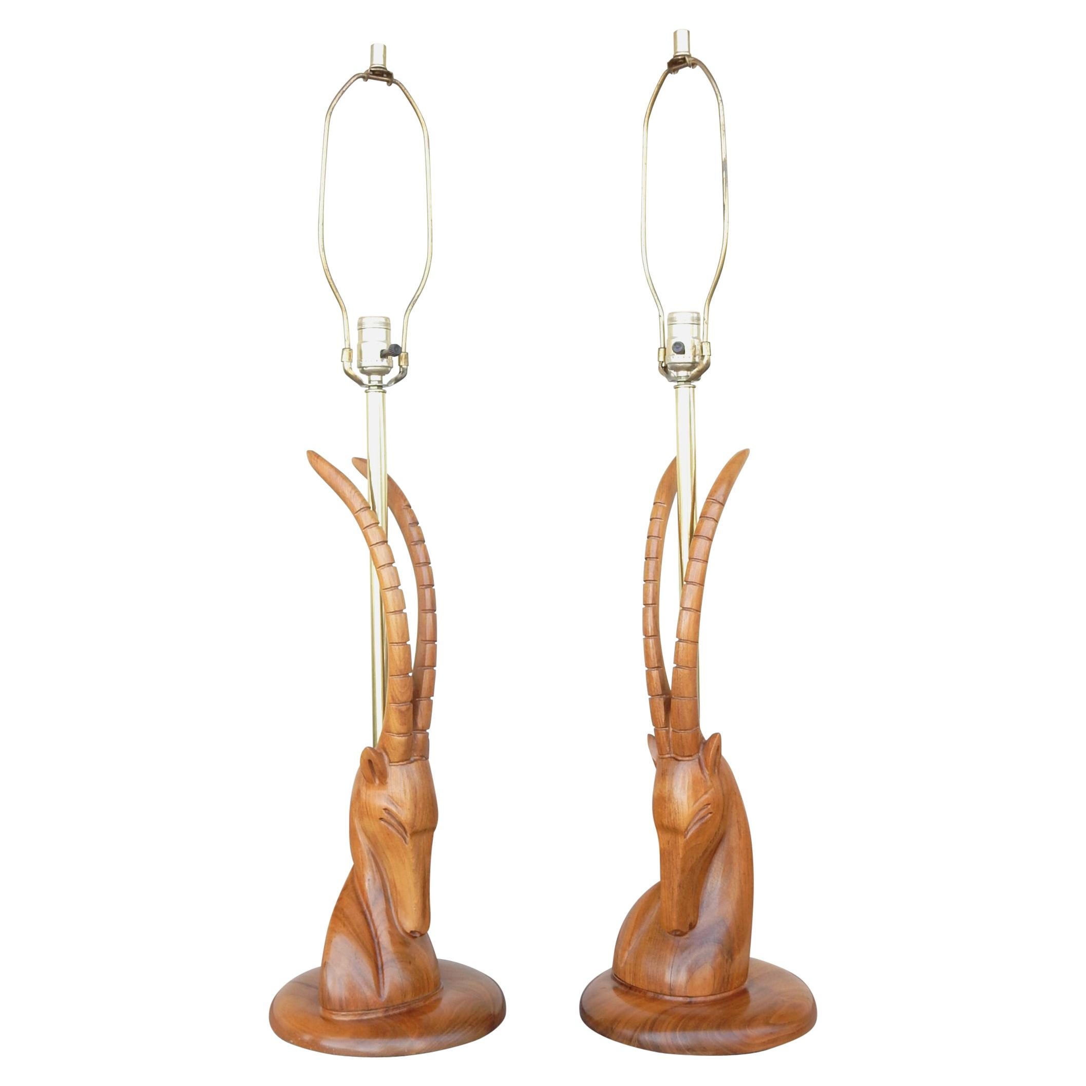 Moderne Stylized Gazelle Bust Walnut Sculpture Lamps For Sale