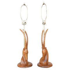 Moderne Stylized Gazelle Bust Walnut Sculpture Lamps
